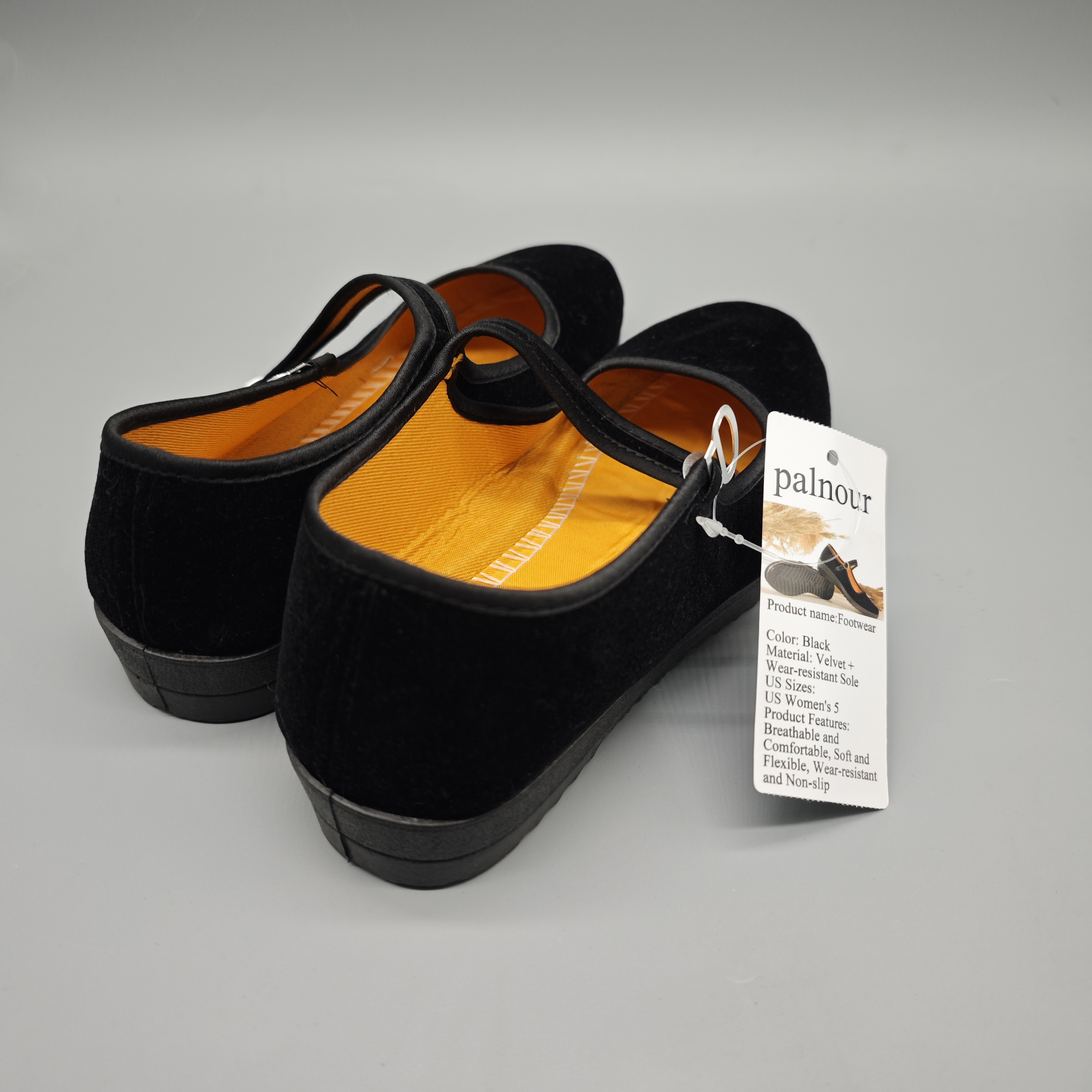PALNOUR Footwear – Black Velvet Material, Breathable & Comfortable, Soft & Flexible, Durable Non-Slip Sole, US Size 5