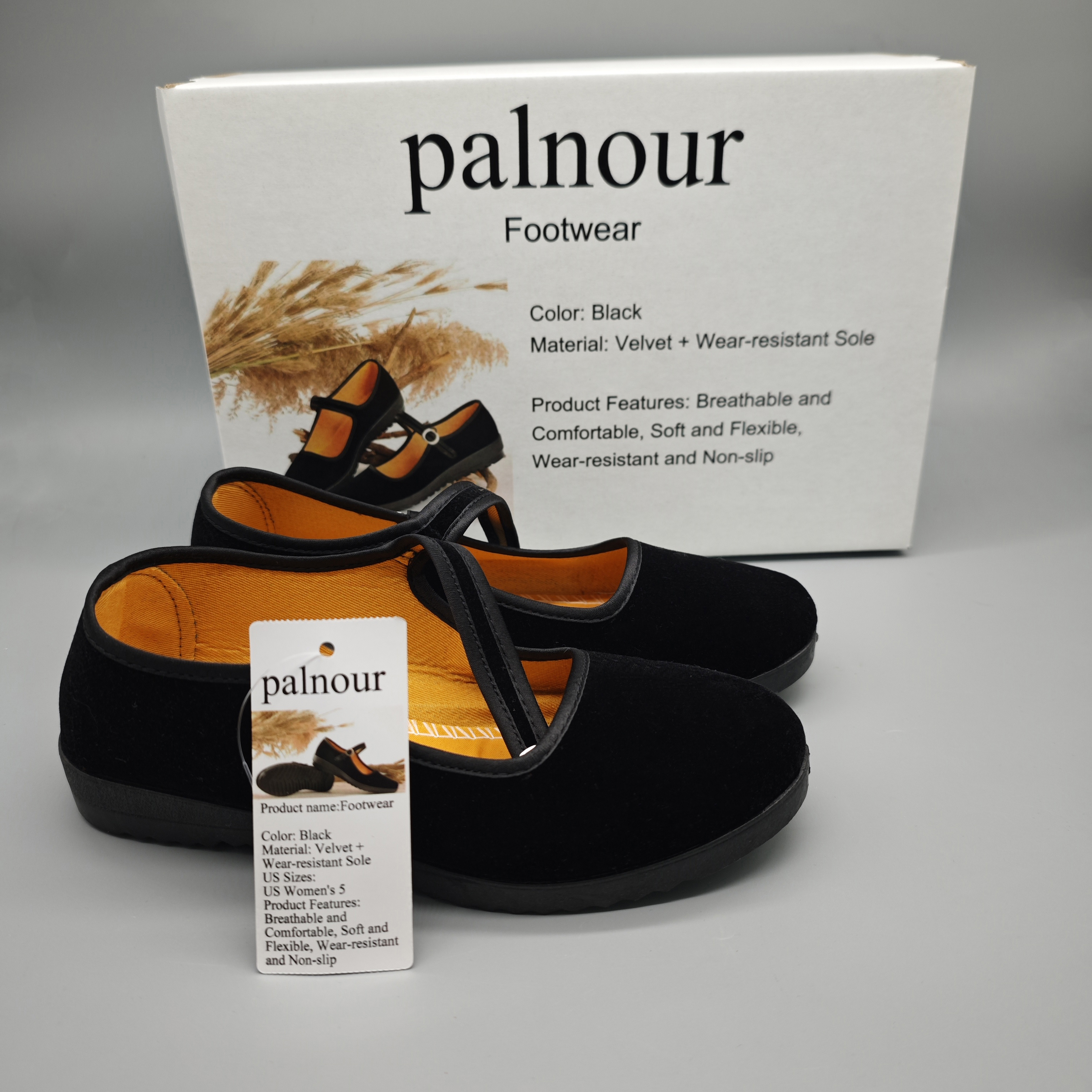 PALNOUR Footwear – Black Velvet Material, Breathable & Comfortable, Soft & Flexible, Durable Non-Slip Sole, US Size 5