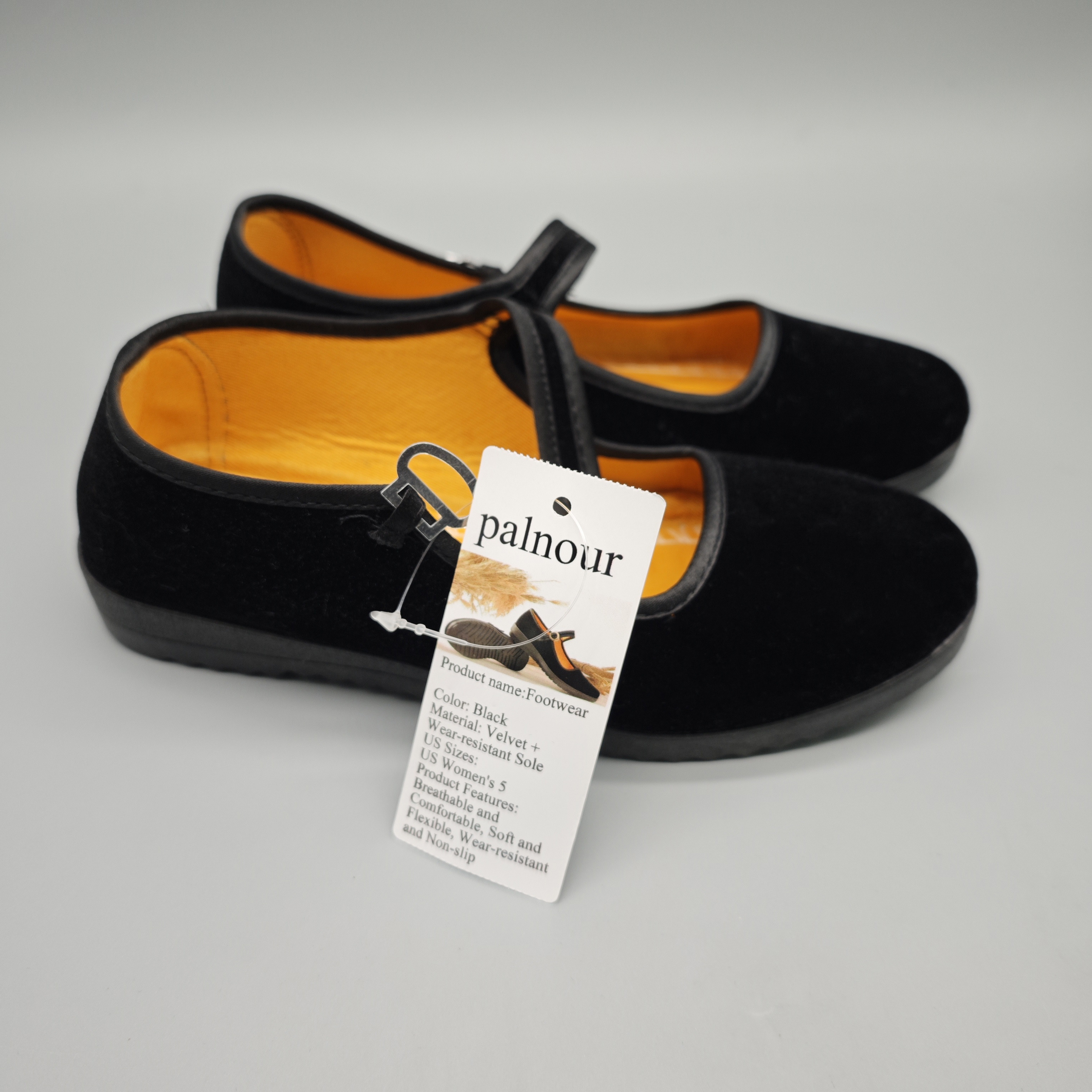 PALNOUR Footwear – Black Velvet Material, Breathable & Comfortable, Soft & Flexible, Durable Non-Slip Sole, US Size 5