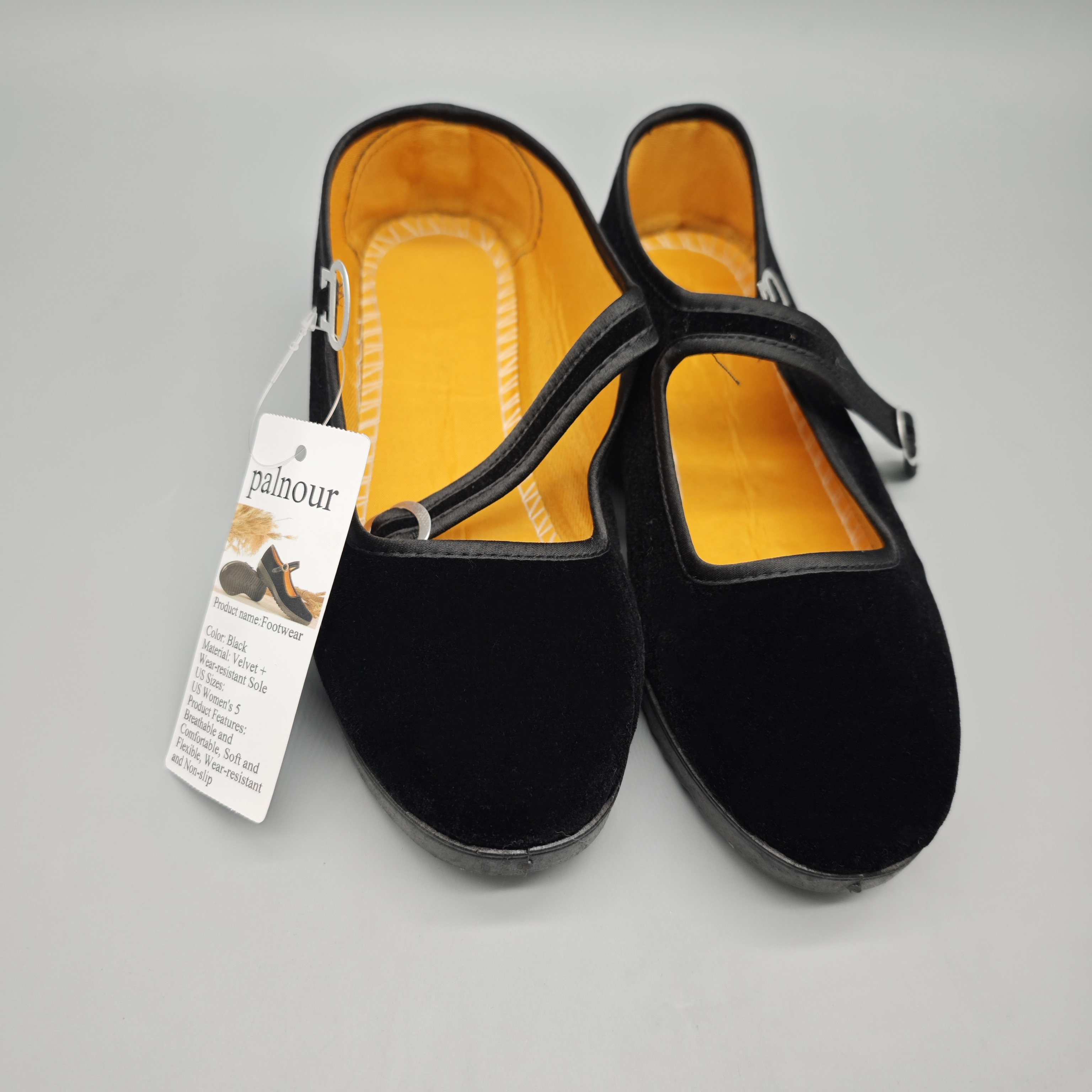 PALNOUR Footwear – Black Velvet Material, Breathable & Comfortable, Soft & Flexible, Durable Non-Slip Sole, US Size 5