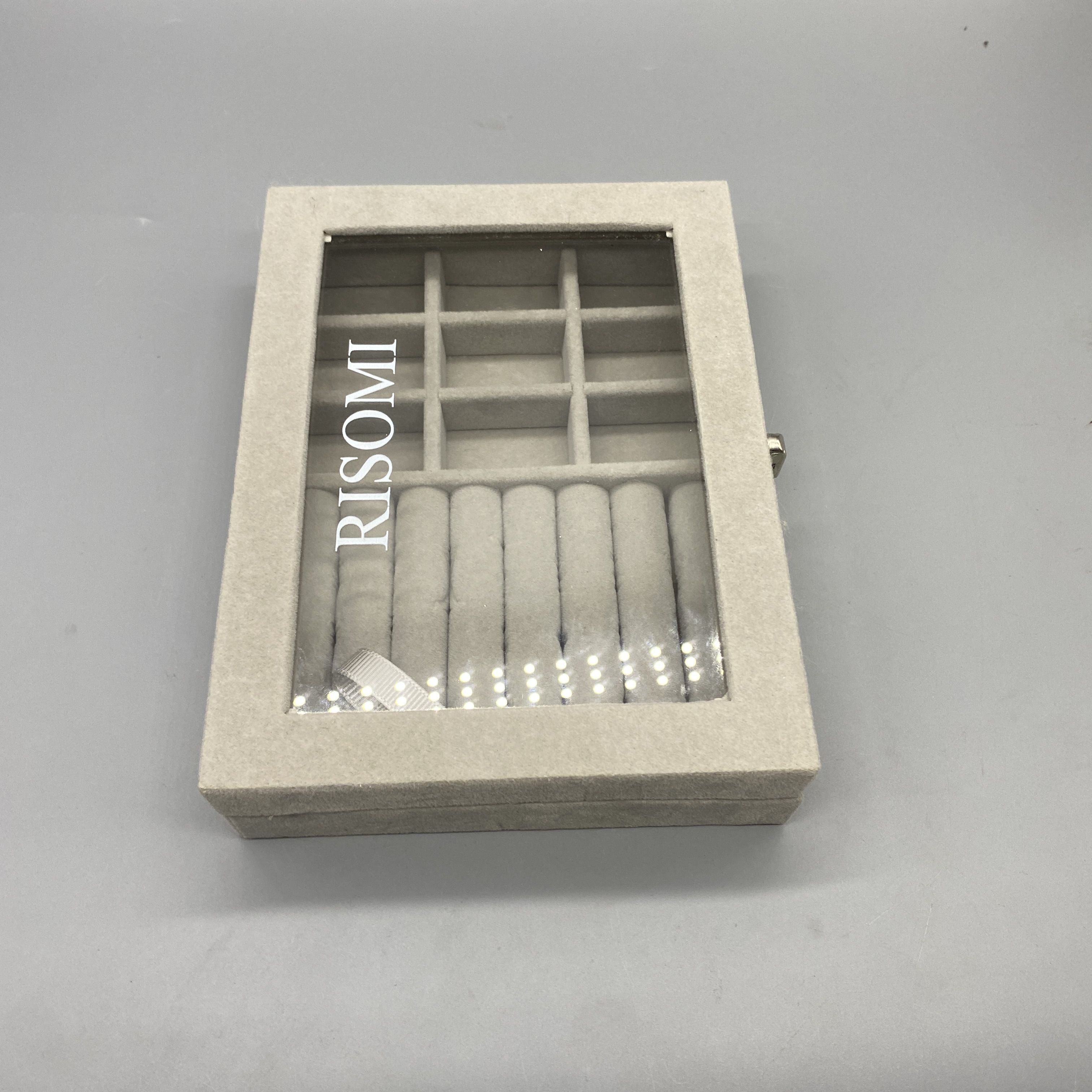 RISOMI Jewelry Boxes - Clever Compartments, High Transparency Glass, Removable Dividers, Sponge + Velvet Material, Gray, 20×15×5cm