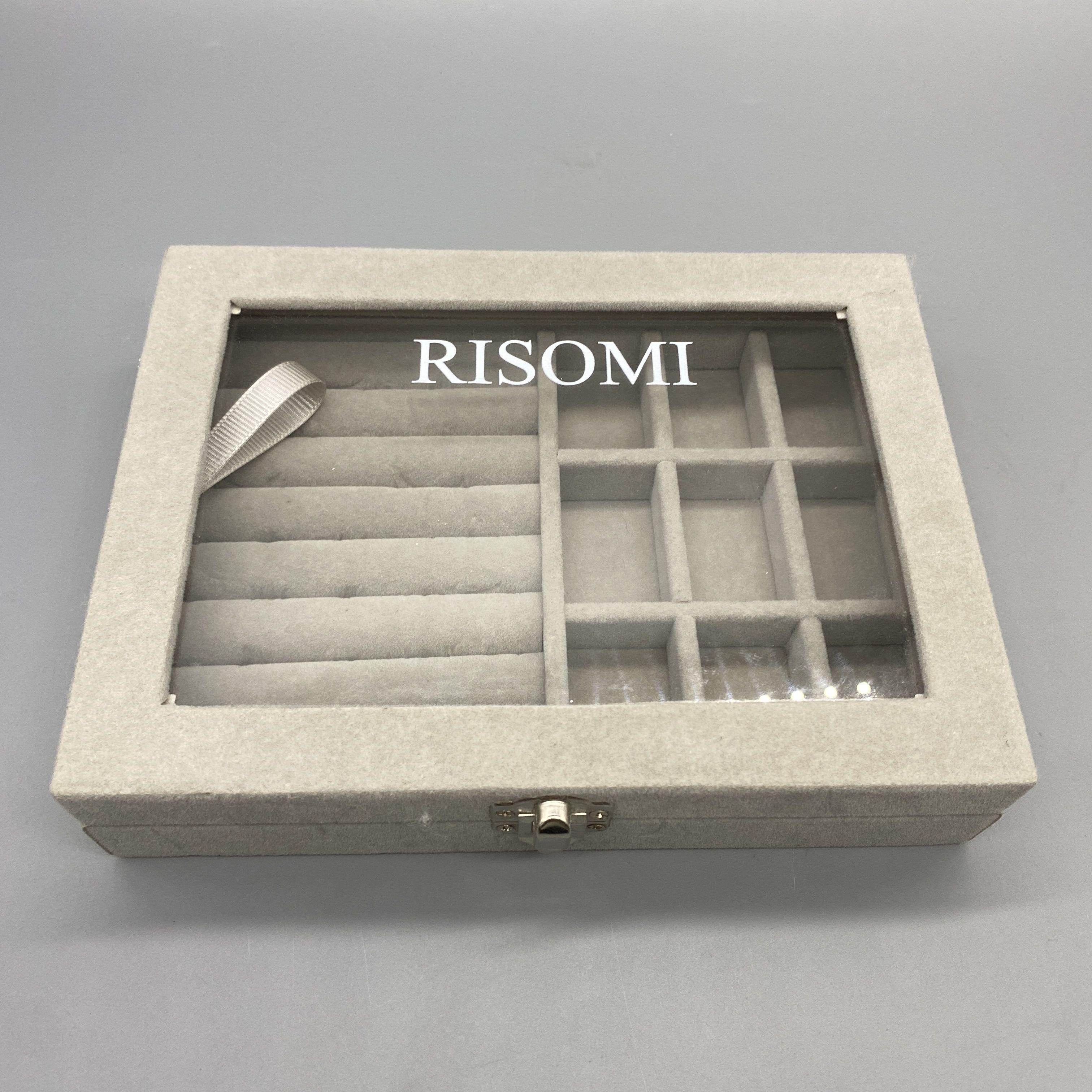 RISOMI Jewelry Boxes - Clever Compartments, High Transparency Glass, Removable Dividers, Sponge + Velvet Material, Gray, 20×15×5cm