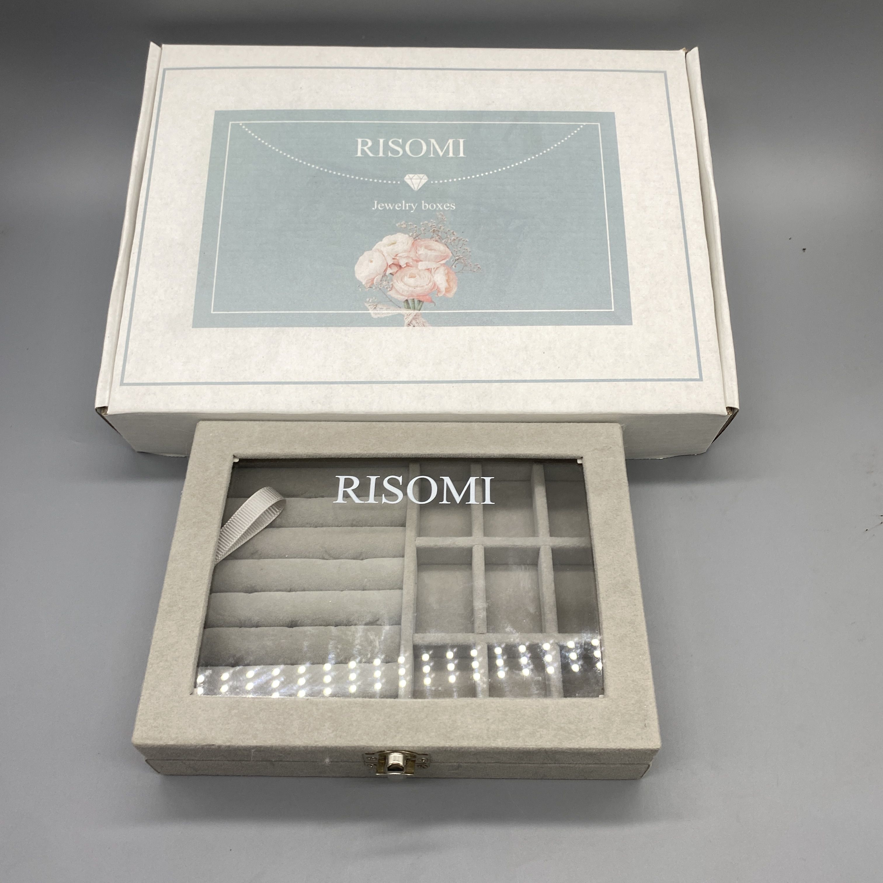 RISOMI Jewelry Boxes - Clever Compartments, High Transparency Glass, Removable Dividers, Sponge + Velvet Material, Gray, 20×15×5cm