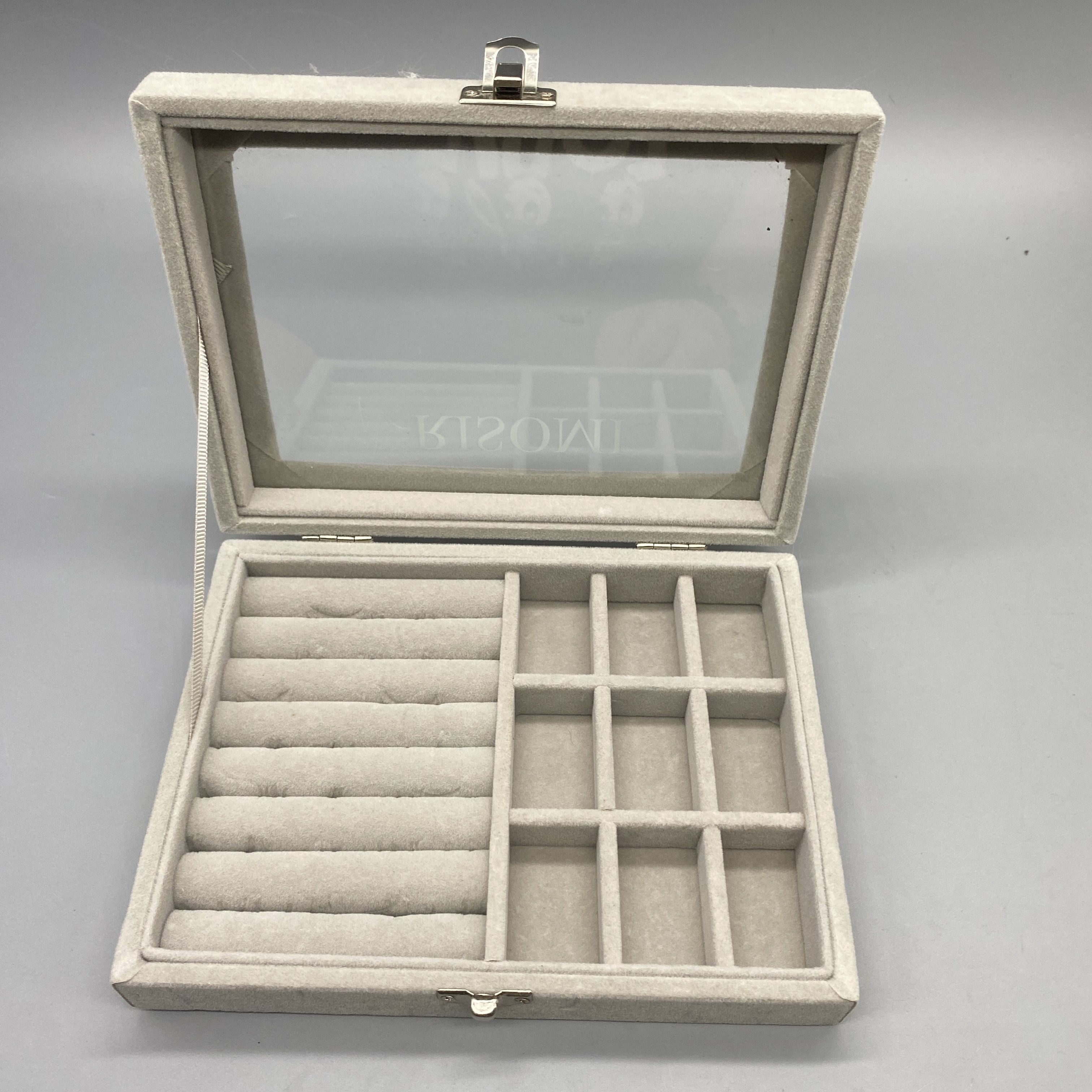 RISOMI Jewelry Boxes - Clever Compartments, High Transparency Glass, Removable Dividers, Sponge + Velvet Material, Gray, 20×15×5cm