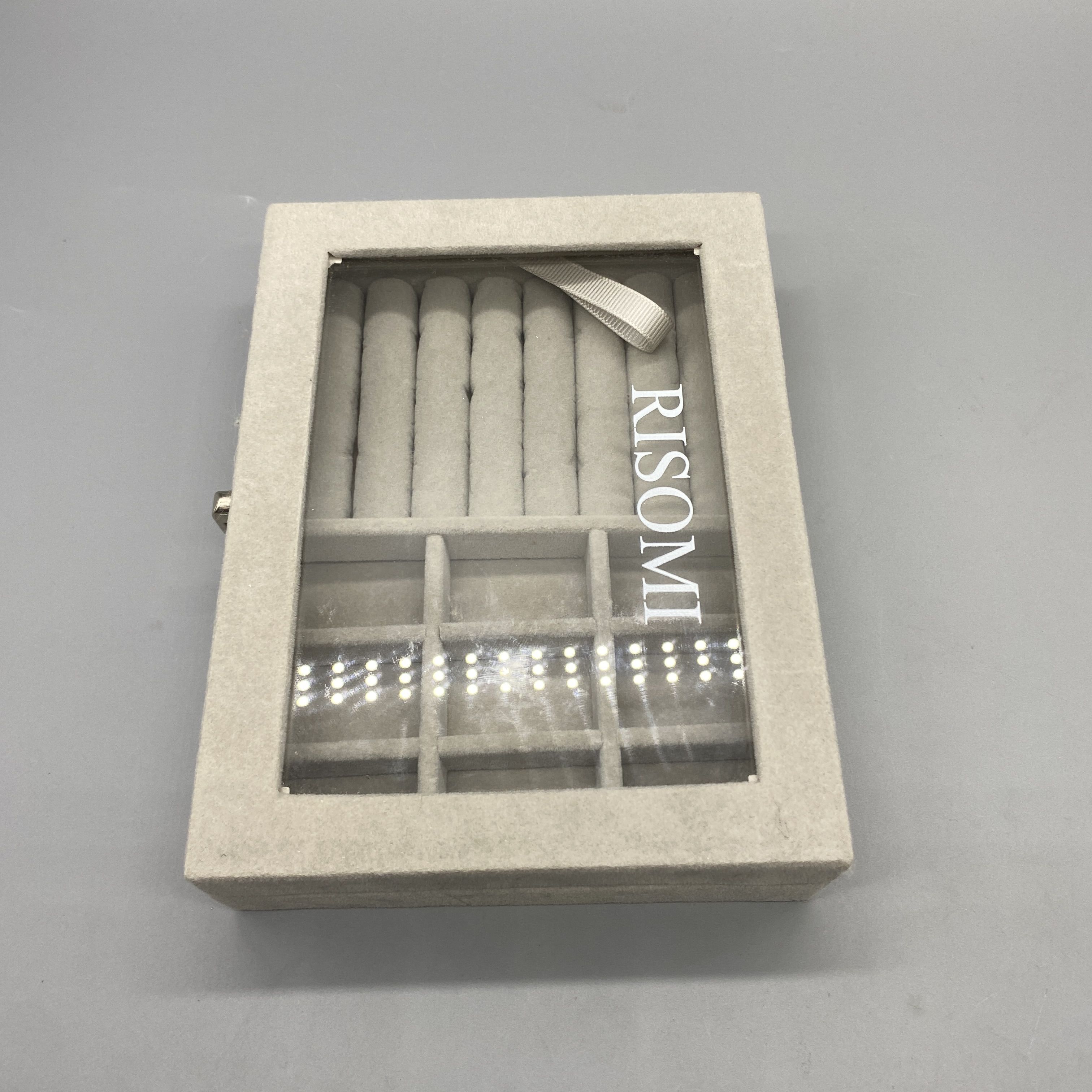 RISOMI Jewelry Boxes - Clever Compartments, High Transparency Glass, Removable Dividers, Sponge + Velvet Material, Gray, 20×15×5cm