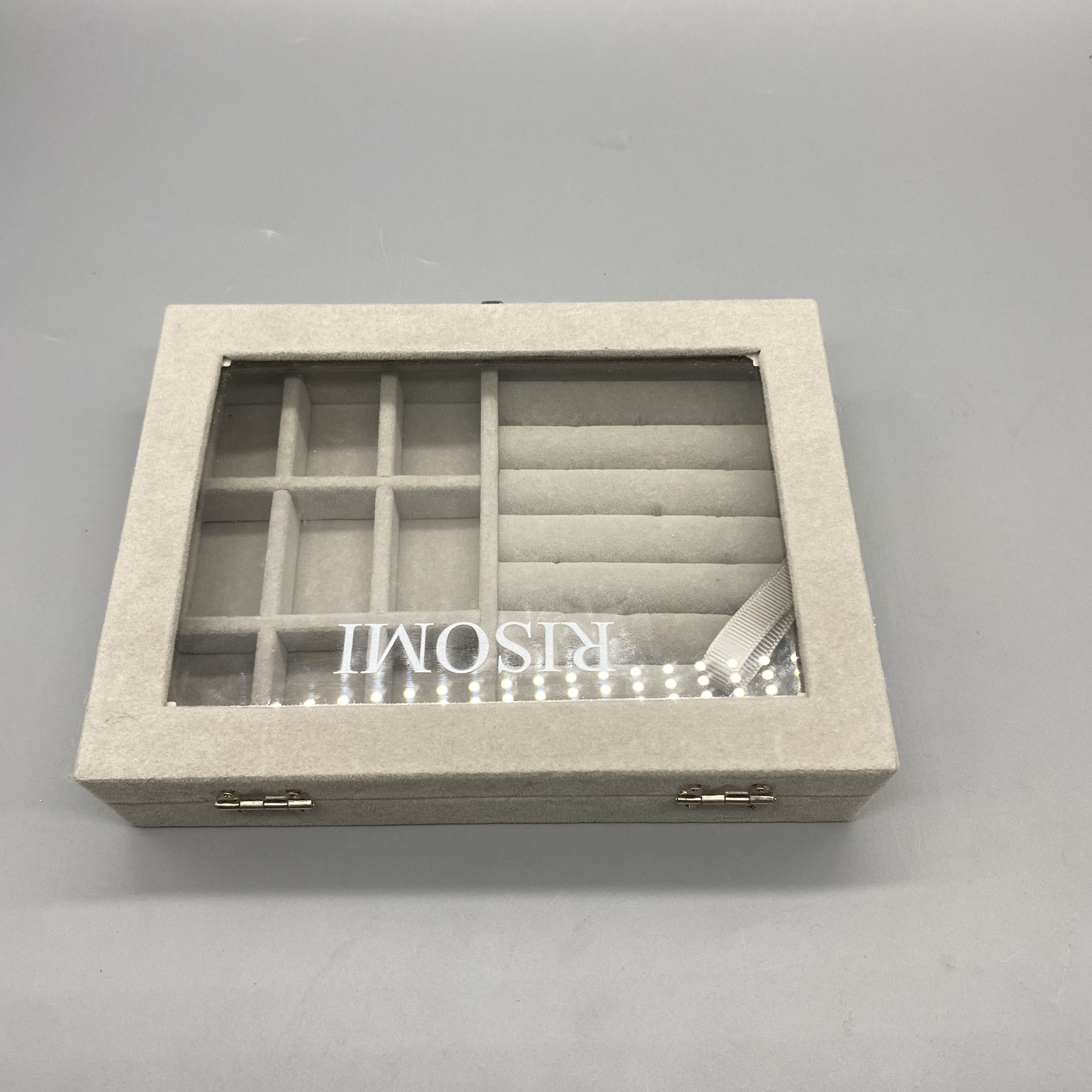 RISOMI Jewelry Boxes - Clever Compartments, High Transparency Glass, Removable Dividers, Sponge + Velvet Material, Gray, 20×15×5cm