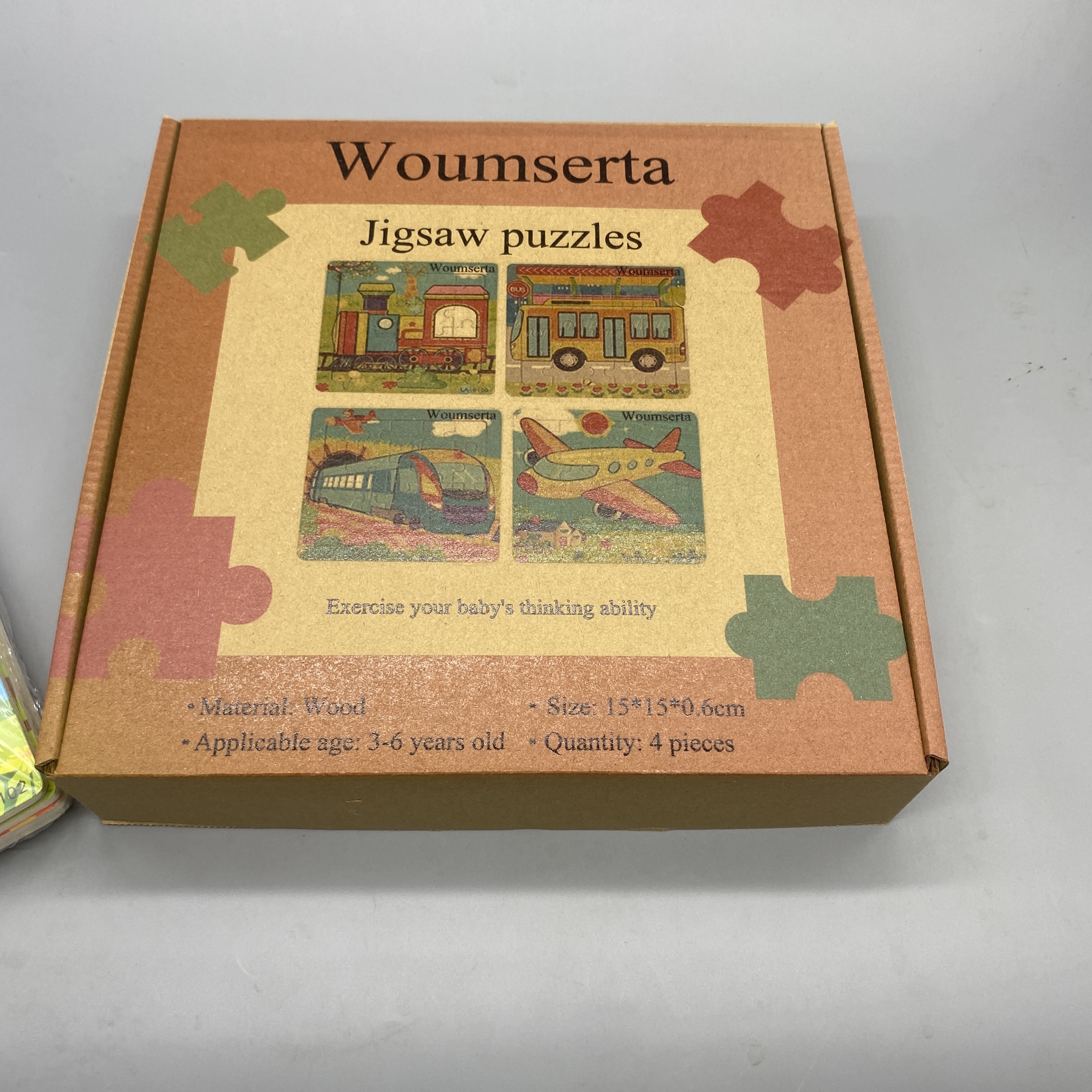 Woumserta Jigsaw Puzzles, 4-Piece Set, 15×15×0.6cm, Wooden Material, Suitable for Ages 3-6