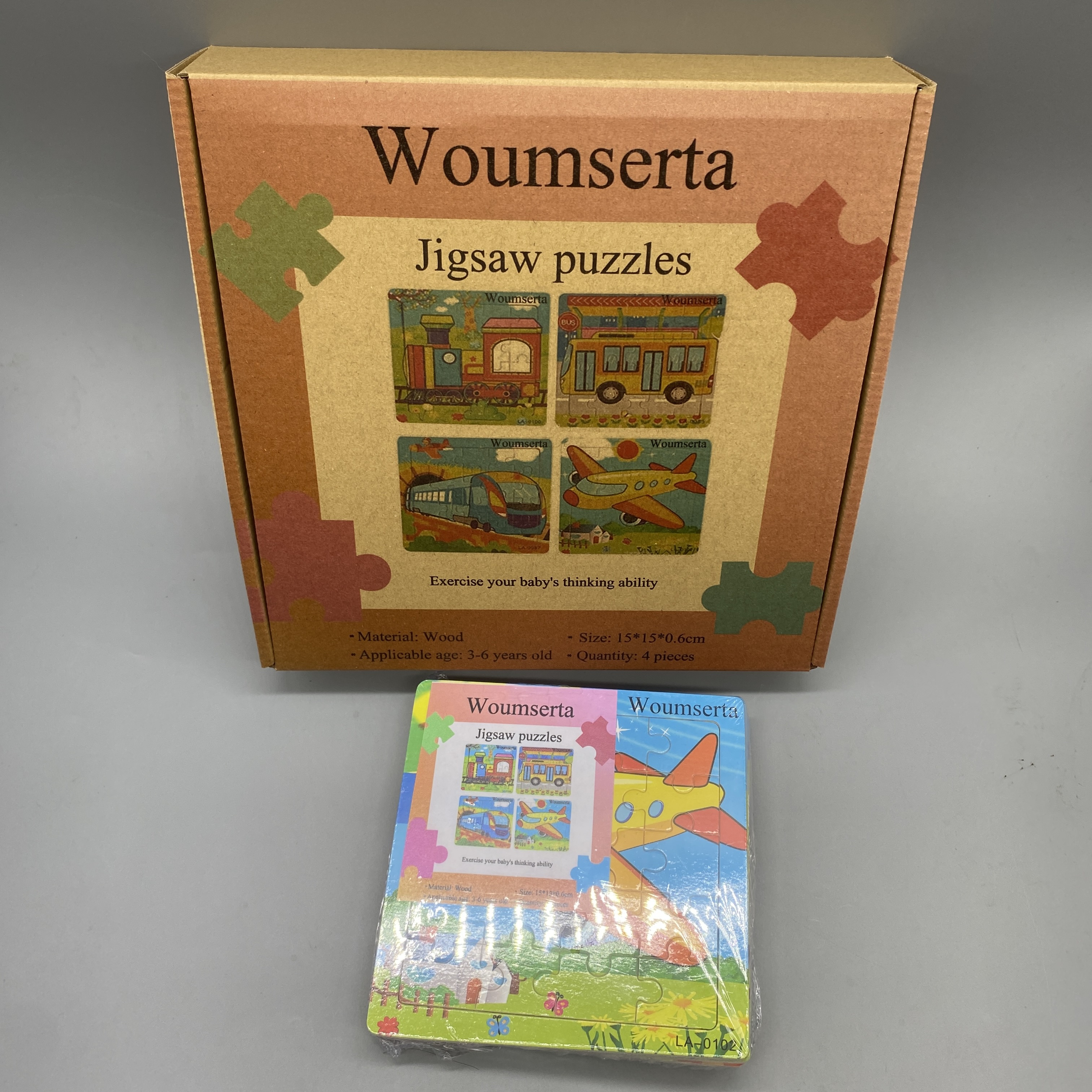 Woumserta Jigsaw Puzzles, 4-Piece Set, 15×15×0.6cm, Wooden Material, Suitable for Ages 3-6