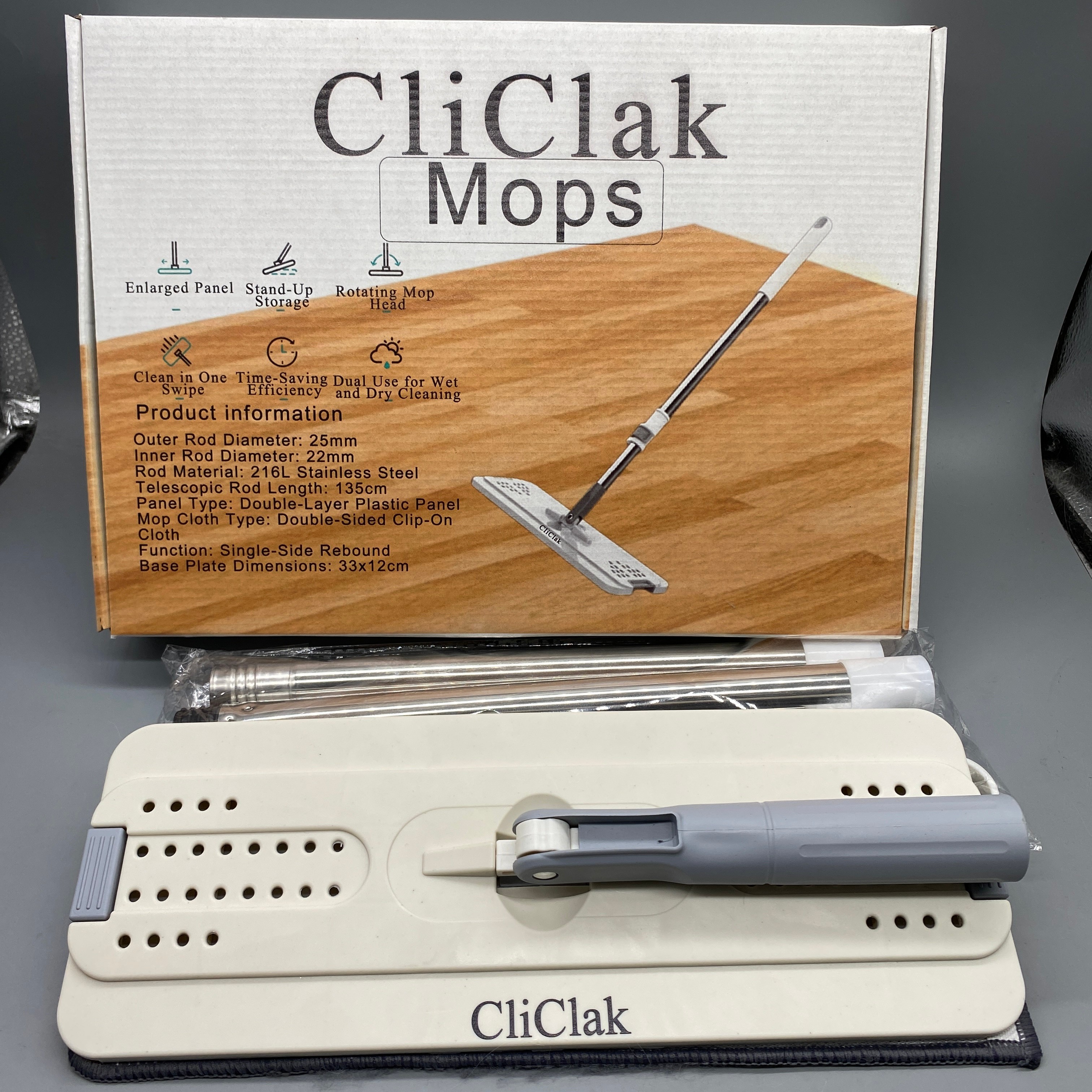 CliClak Mops, 135cm Extendable Handle, Double-Sided Clip Mop with 33×12cm Base, Durable 216L Steel Rod, Easy Rebound Cleaning