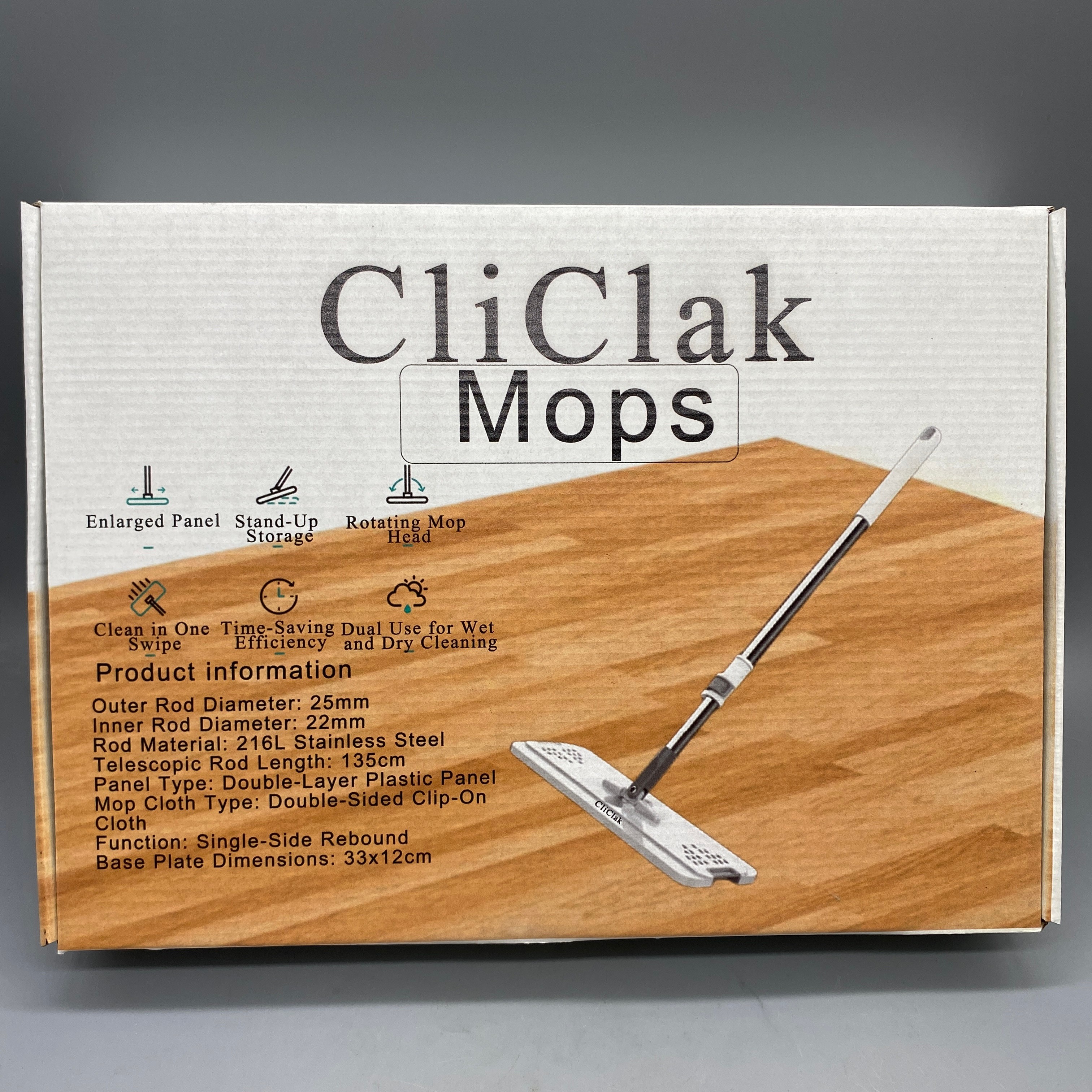 CliClak Mops, 135cm Extendable Handle, Double-Sided Clip Mop with 33×12cm Base, Durable 216L Steel Rod, Easy Rebound Cleaning