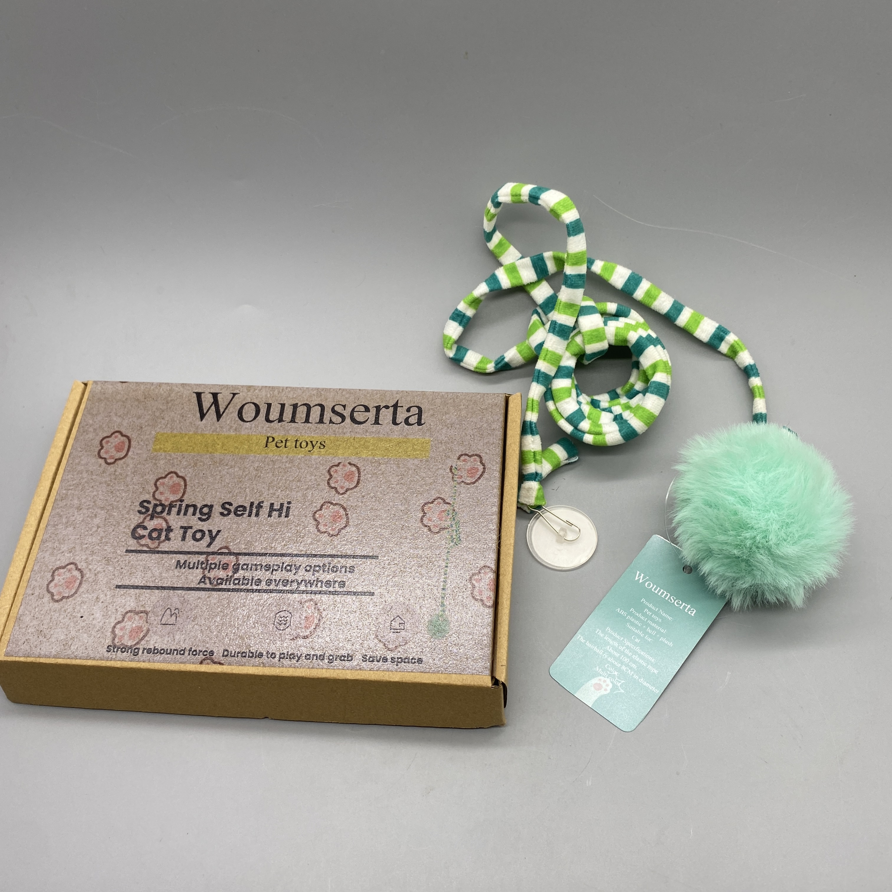 Woumserta Pet Toys, Durable Elastic Rope with Bell & Plush, Cat Play Toy, ABS Plastic, 100cm Elastic Cord, 8cm Ball Diameter