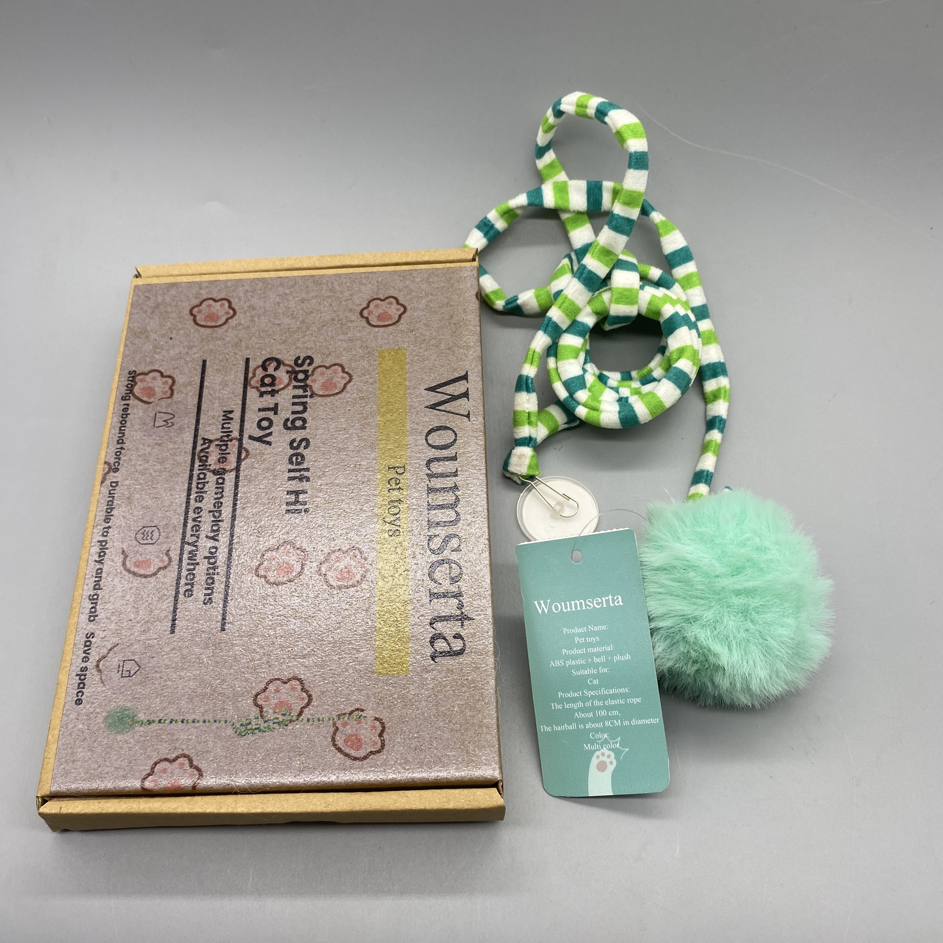 Woumserta Pet Toys, Durable Elastic Rope with Bell & Plush, Cat Play Toy, ABS Plastic, 100cm Elastic Cord, 8cm Ball Diameter