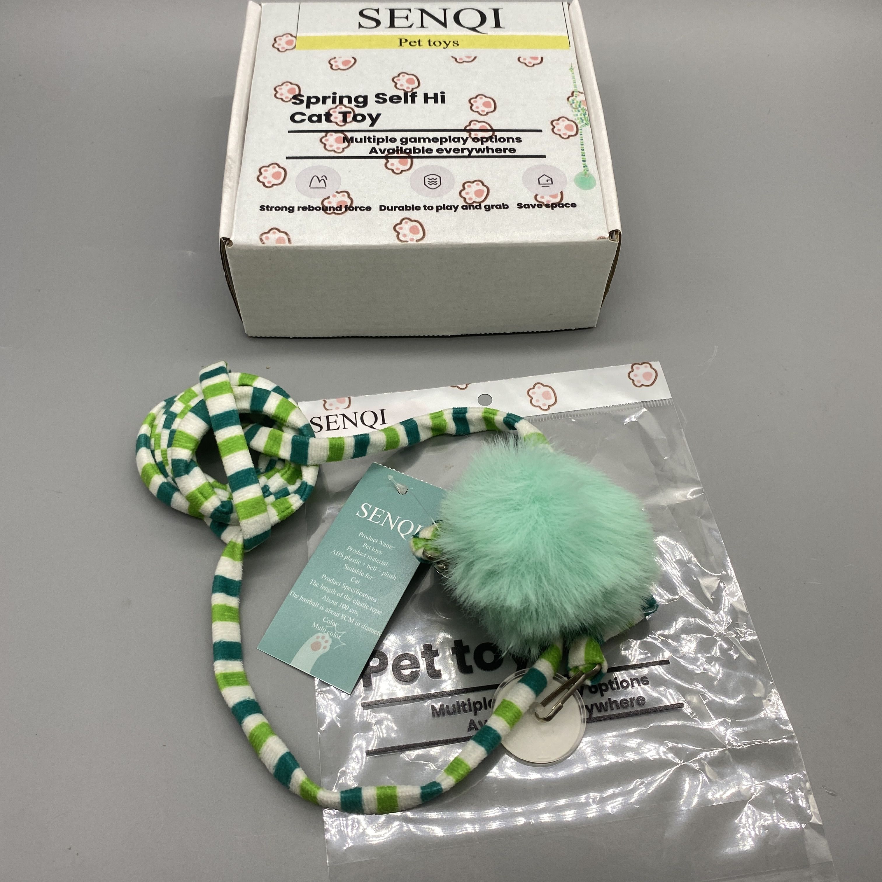 SENQI Pet Toy - Durable Bouncing Ball with Bell and Plush, Space-Saving Design, ABS Plastic, Elastic String 100cm, Ball Diameter 8cm