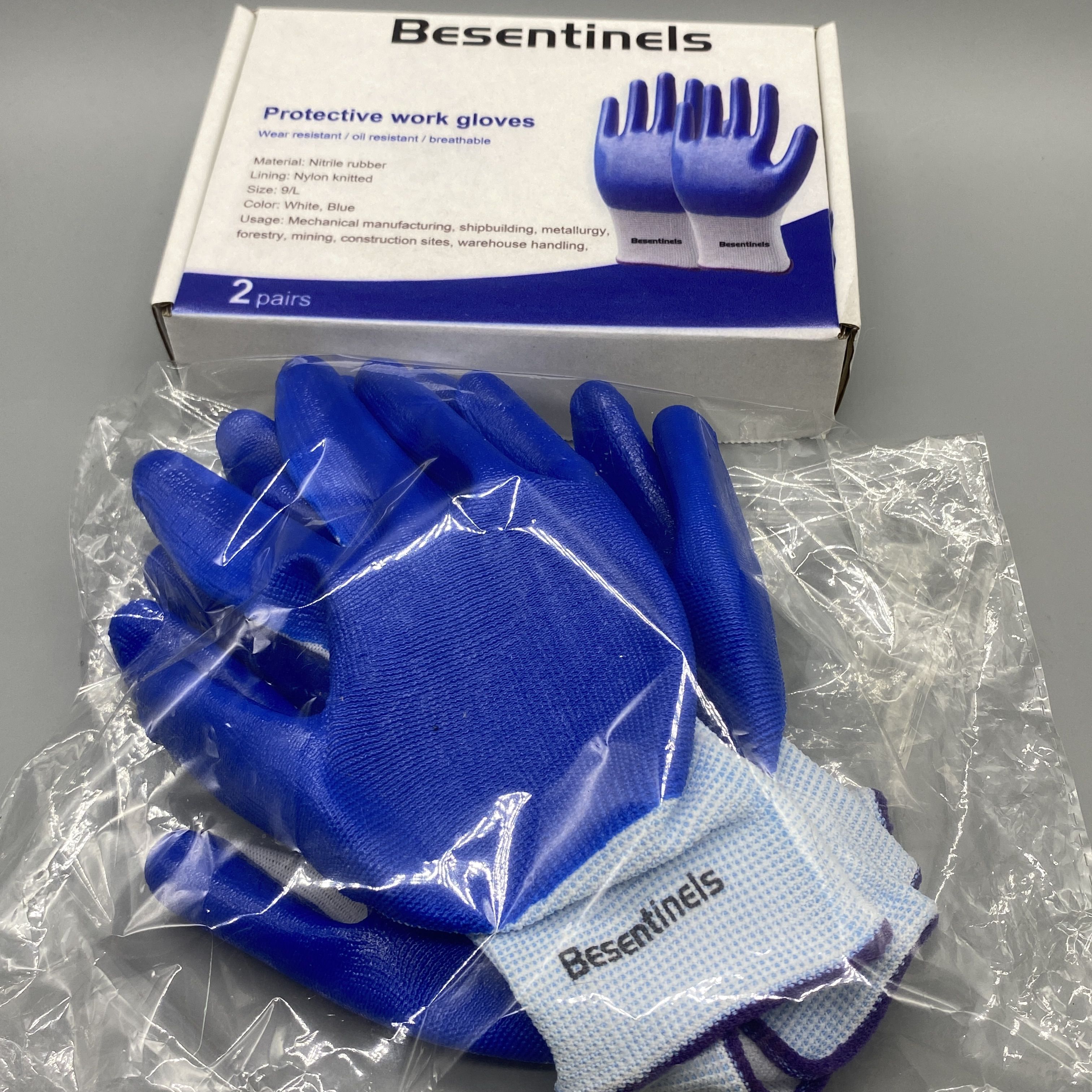 Besentinels Protective Work Gloves - Nitrile Rubber, Nylon Knit Lining, Size 9/L, White & Blue, Industrial Safety for Mechanical, Shipbuilding, Metallurgy, Forestry, Mining, Construction, and Warehouse Handling