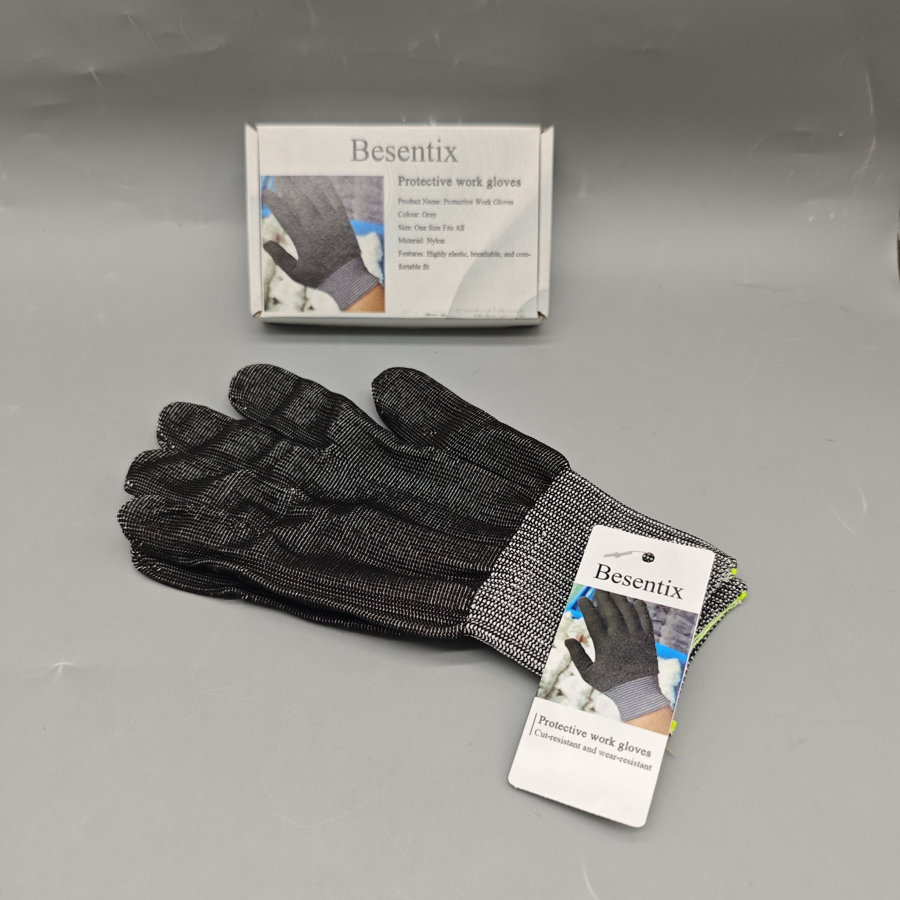 Besentix Protective Work Gloves Gray Nylon, One Size Safety Gloves, High Elasticity and Breathable Fit for Construction, Gardening, DIY and Warehouse Use
