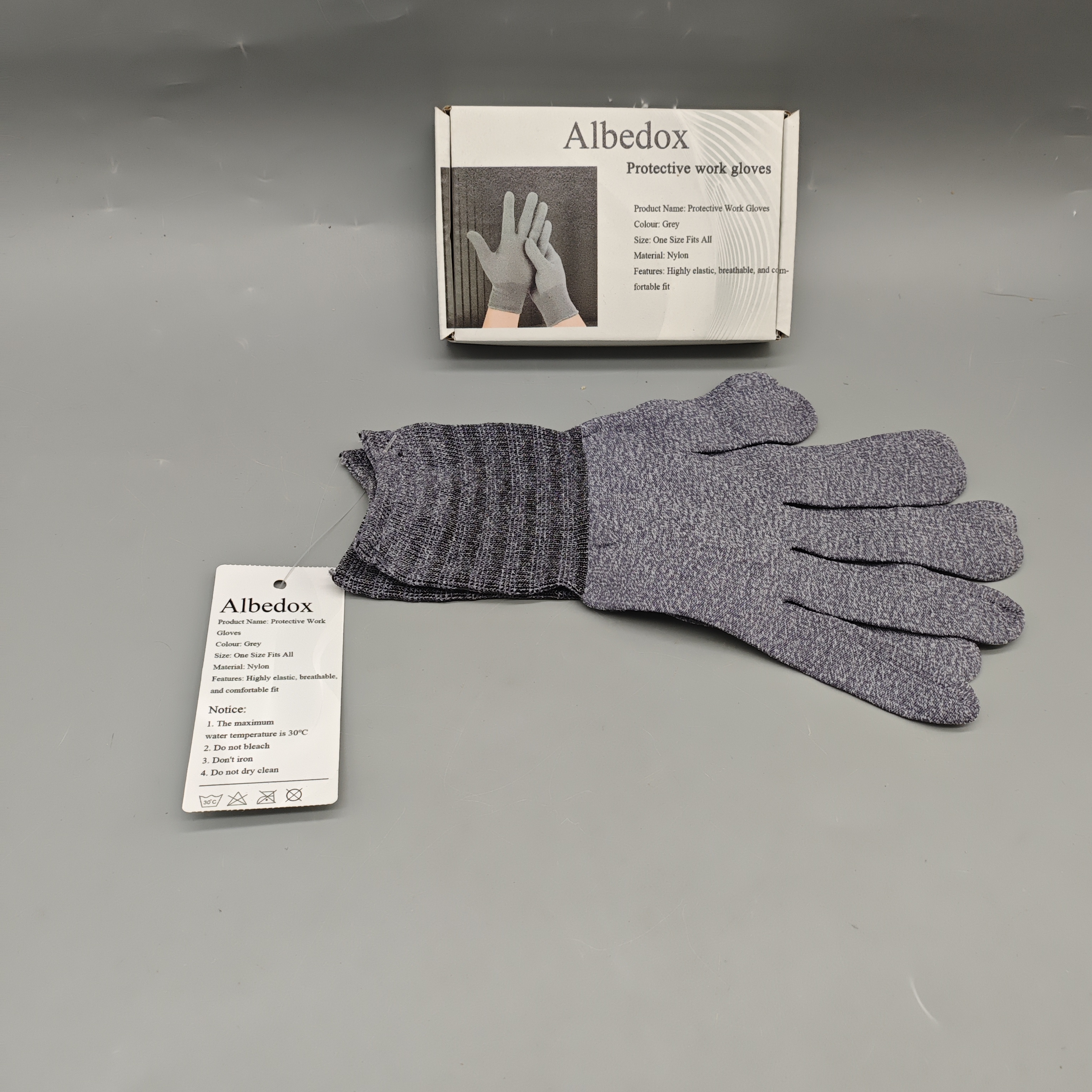 Albedox Protective Work Gloves Gray, Nylon Safety Gloves One Size, High Elasticity and Breathable Fit for Industrial and Home Use