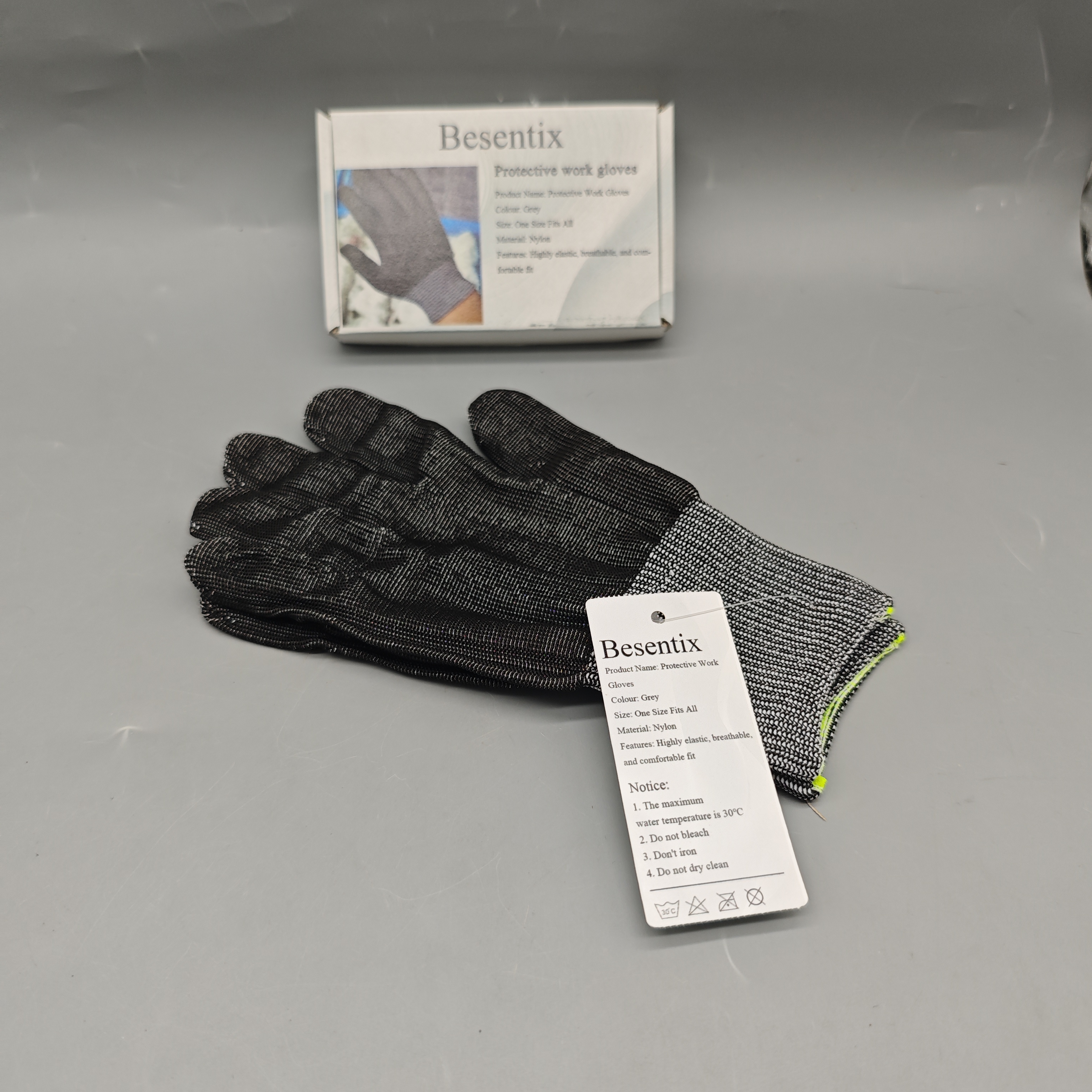 Besentix Protective Work Gloves Gray Nylon, One Size Safety Gloves, High Elasticity and Breathable Fit for Construction, Gardening, DIY and Warehouse Use