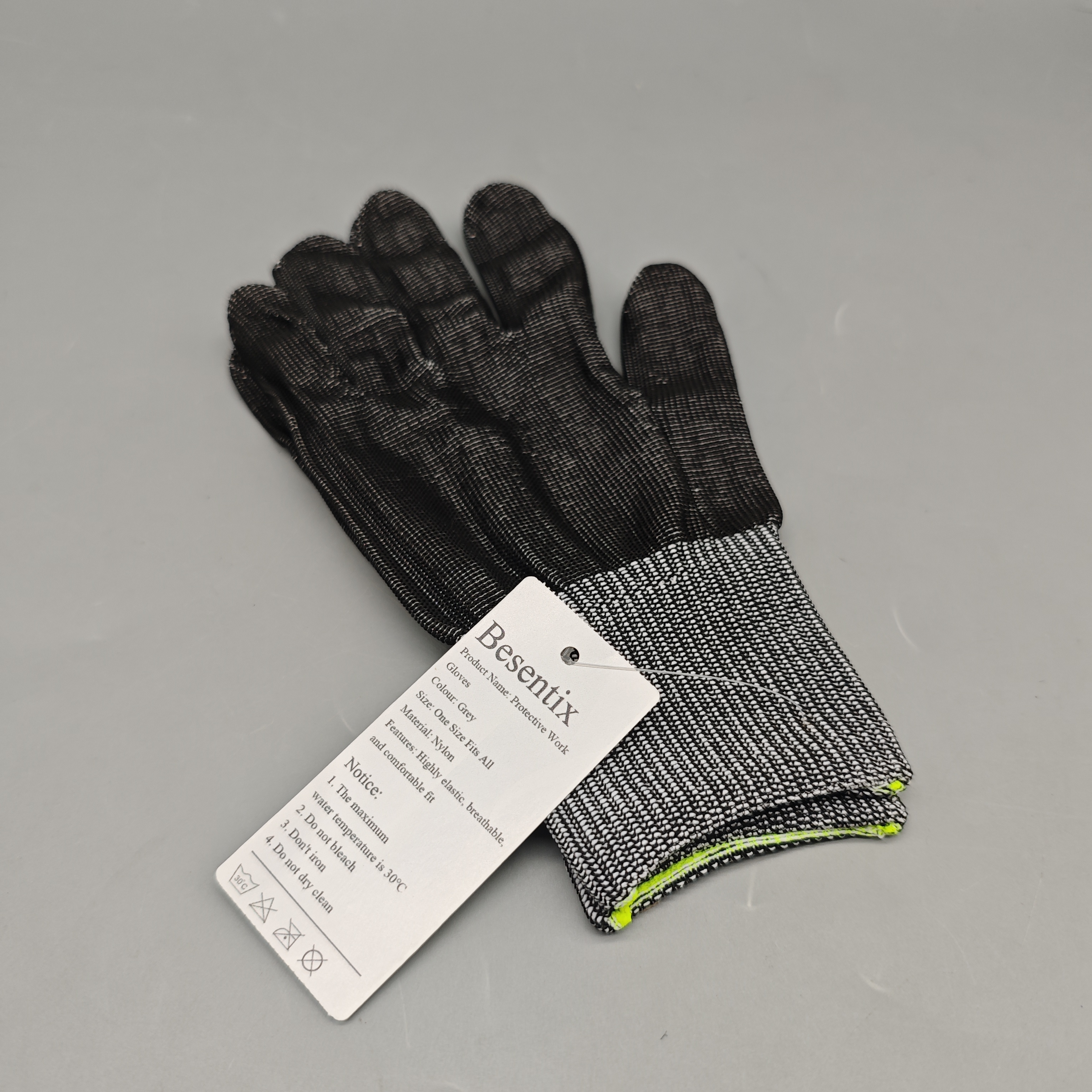 Besentix Protective Work Gloves Gray Nylon, One Size Safety Gloves, High Elasticity and Breathable Fit for Construction, Gardening, DIY and Warehouse Use