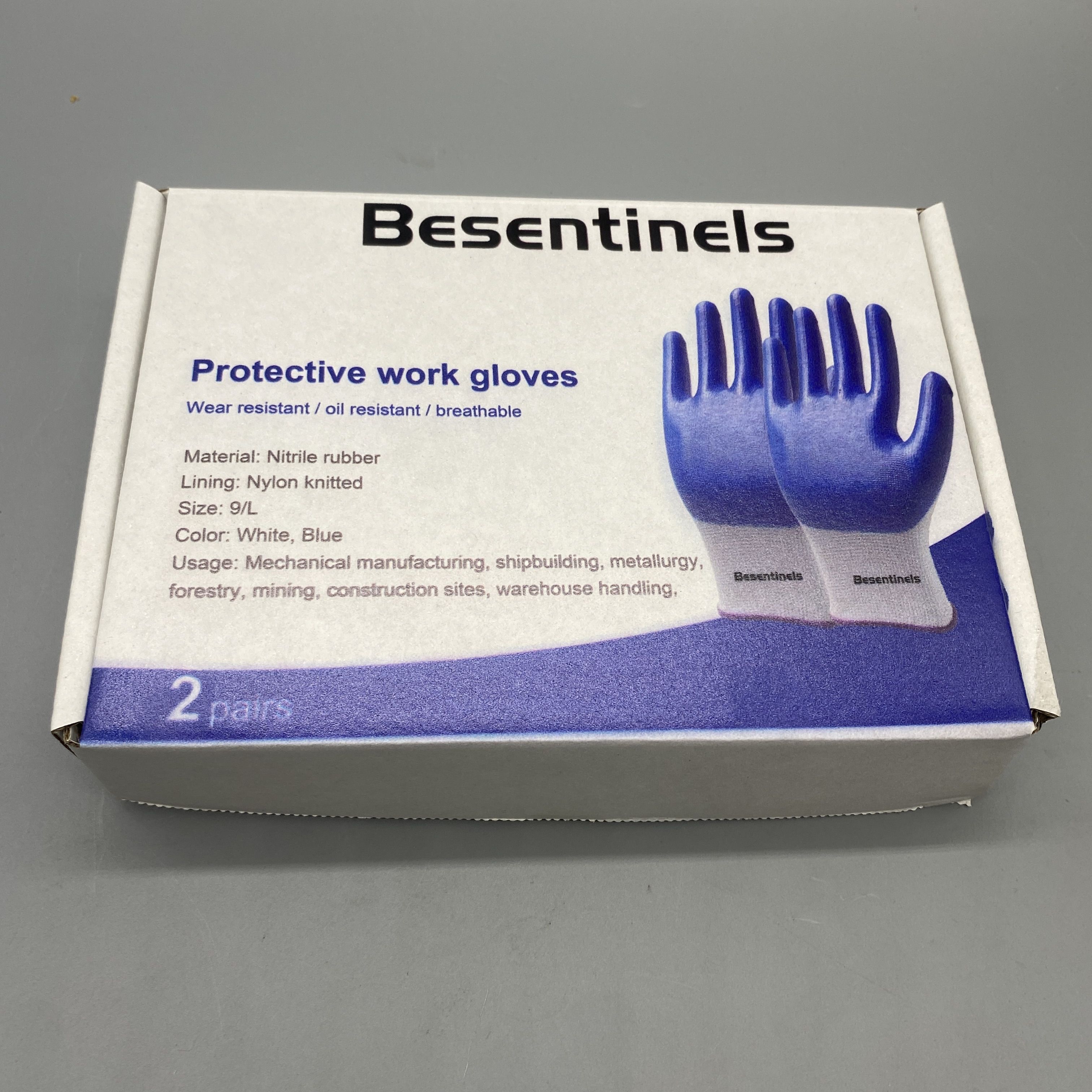 Besentinels Protective Work Gloves - Nitrile Rubber, Nylon Knit Lining, Size 9/L, White & Blue, Industrial Safety for Mechanical, Shipbuilding, Metallurgy, Forestry, Mining, Construction, and Warehouse Handling