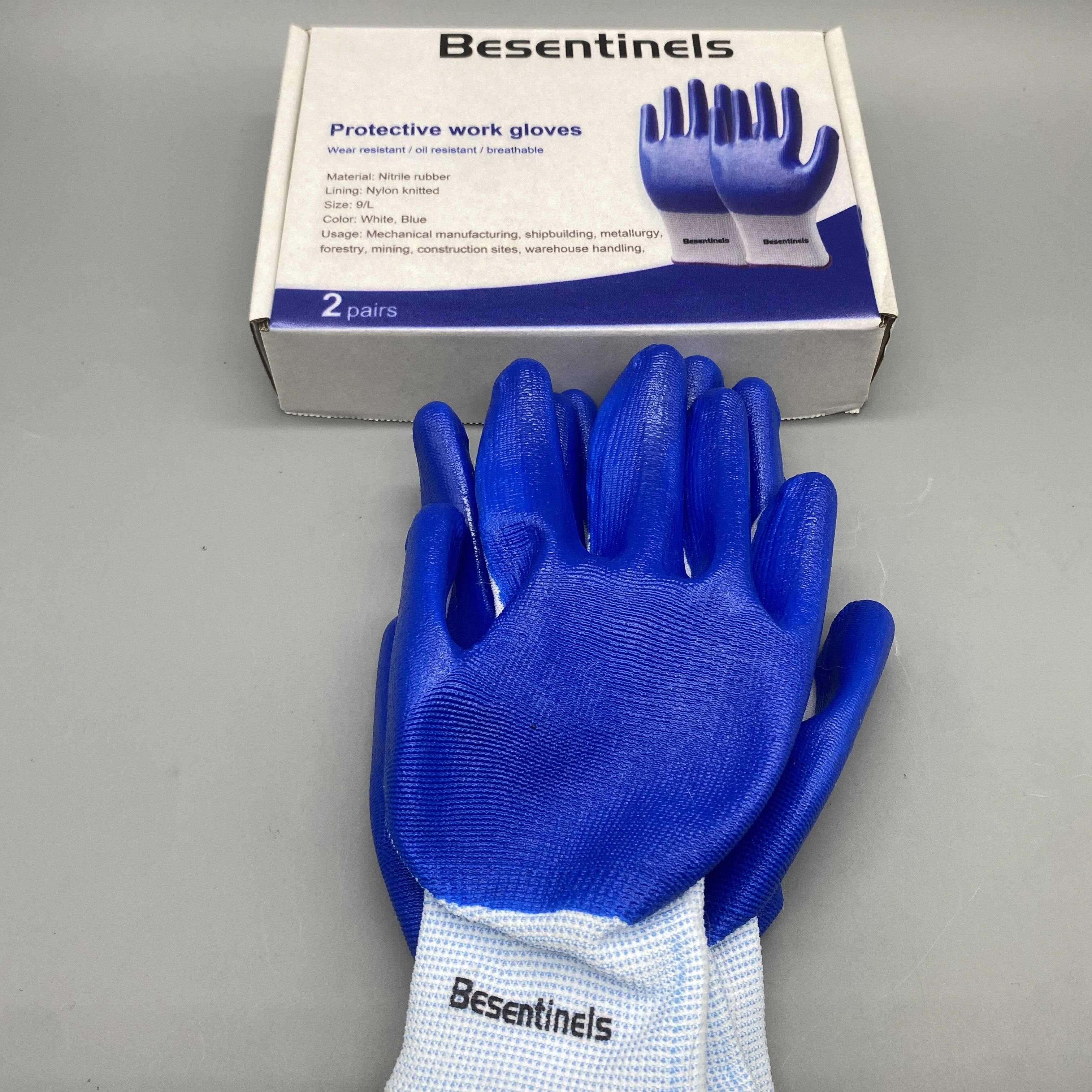 Besentinels Protective Work Gloves - Nitrile Rubber, Nylon Knit Lining, Size 9/L, White & Blue, Industrial Safety for Mechanical, Shipbuilding, Metallurgy, Forestry, Mining, Construction, and Warehouse Handling