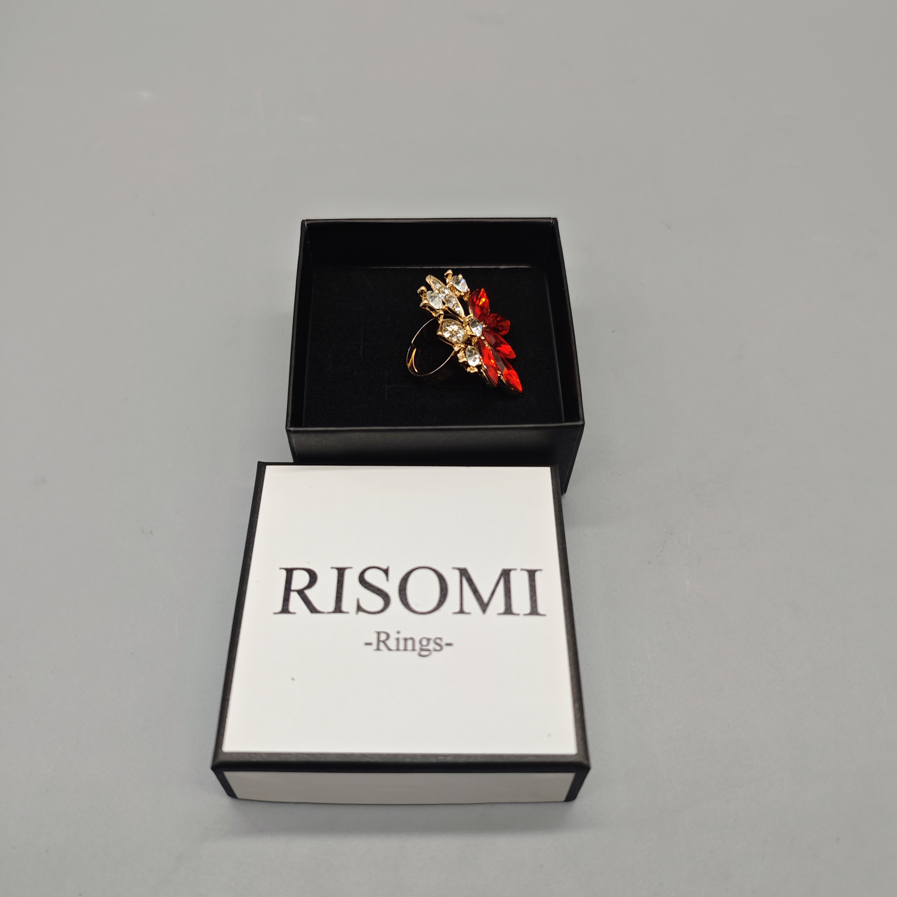 RISOMI Rings - Crystal Glass Flower Design, Mixed Gemstone Inlay, Red, 5.4×6.3cm, 27.9g