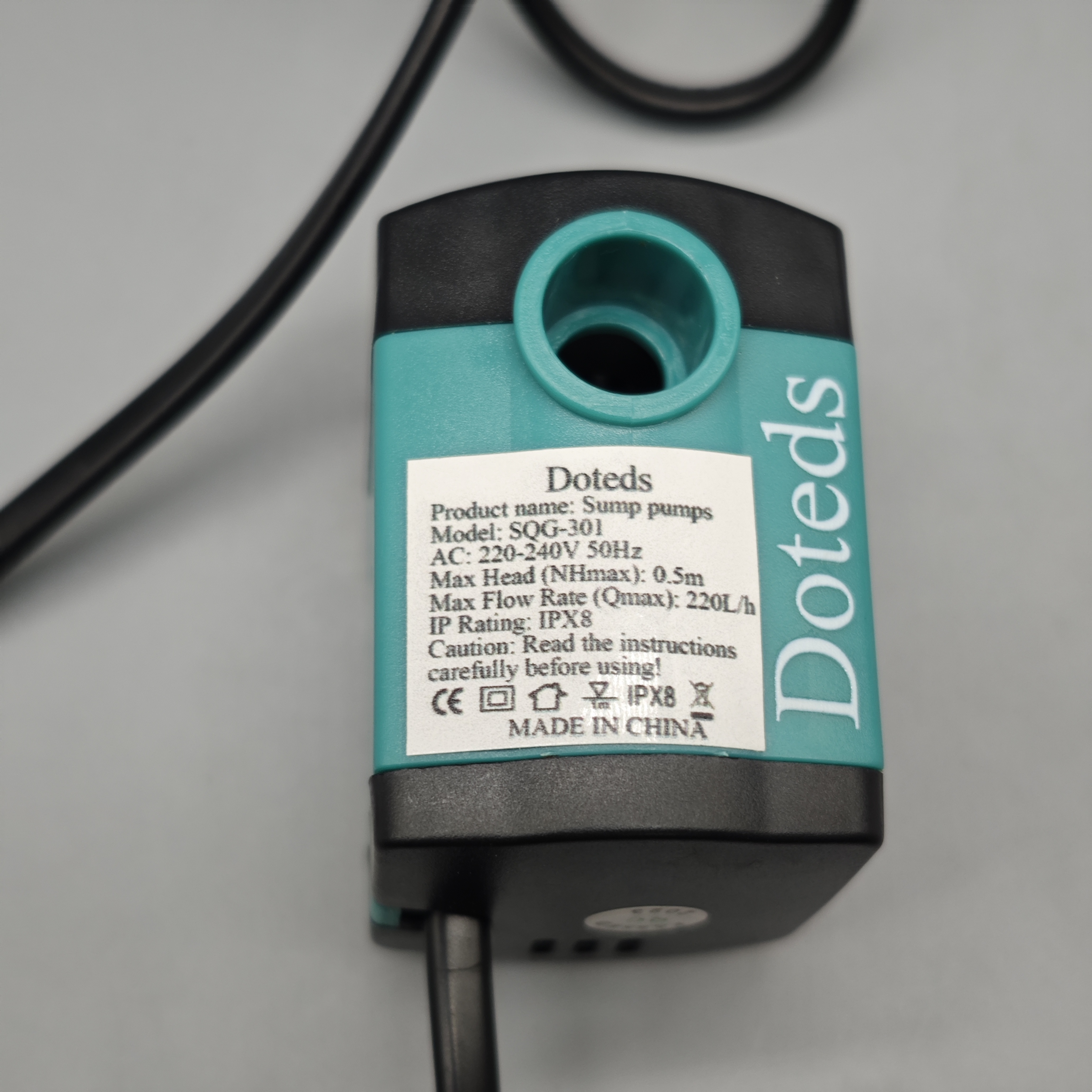 Doteds Sump Pump – SQG-301, 220-240V AC, 50Hz, Max Head 0.5m, Max Flow 22L/h, IPX8 Waterproof Rating