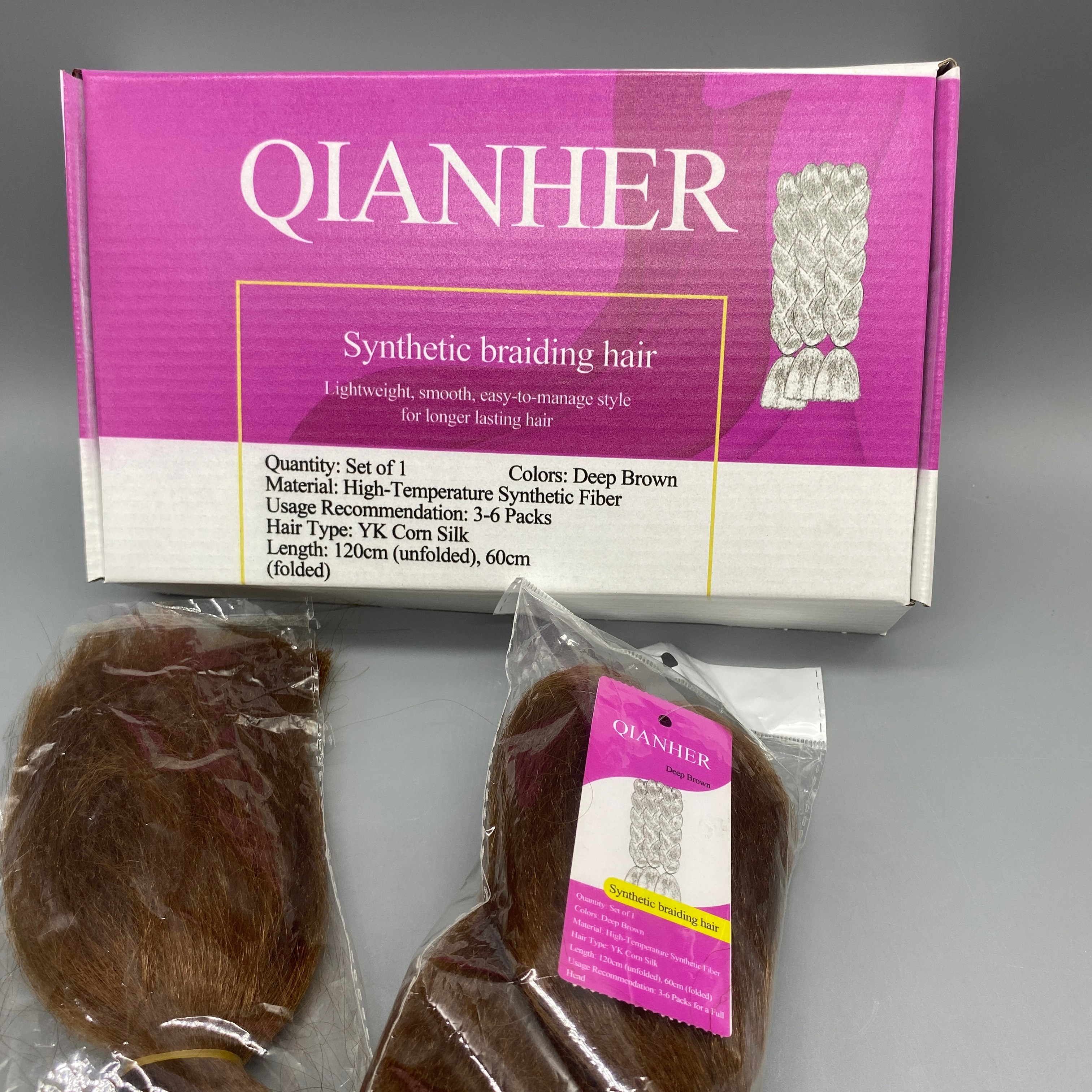 QIANHER Synthetic Braiding Hair, 1 Pack, Deep Brown Color, High-Temperature Fiber, YK Cornrow Style, 120cm (Unfolded), 60cm (Folded)