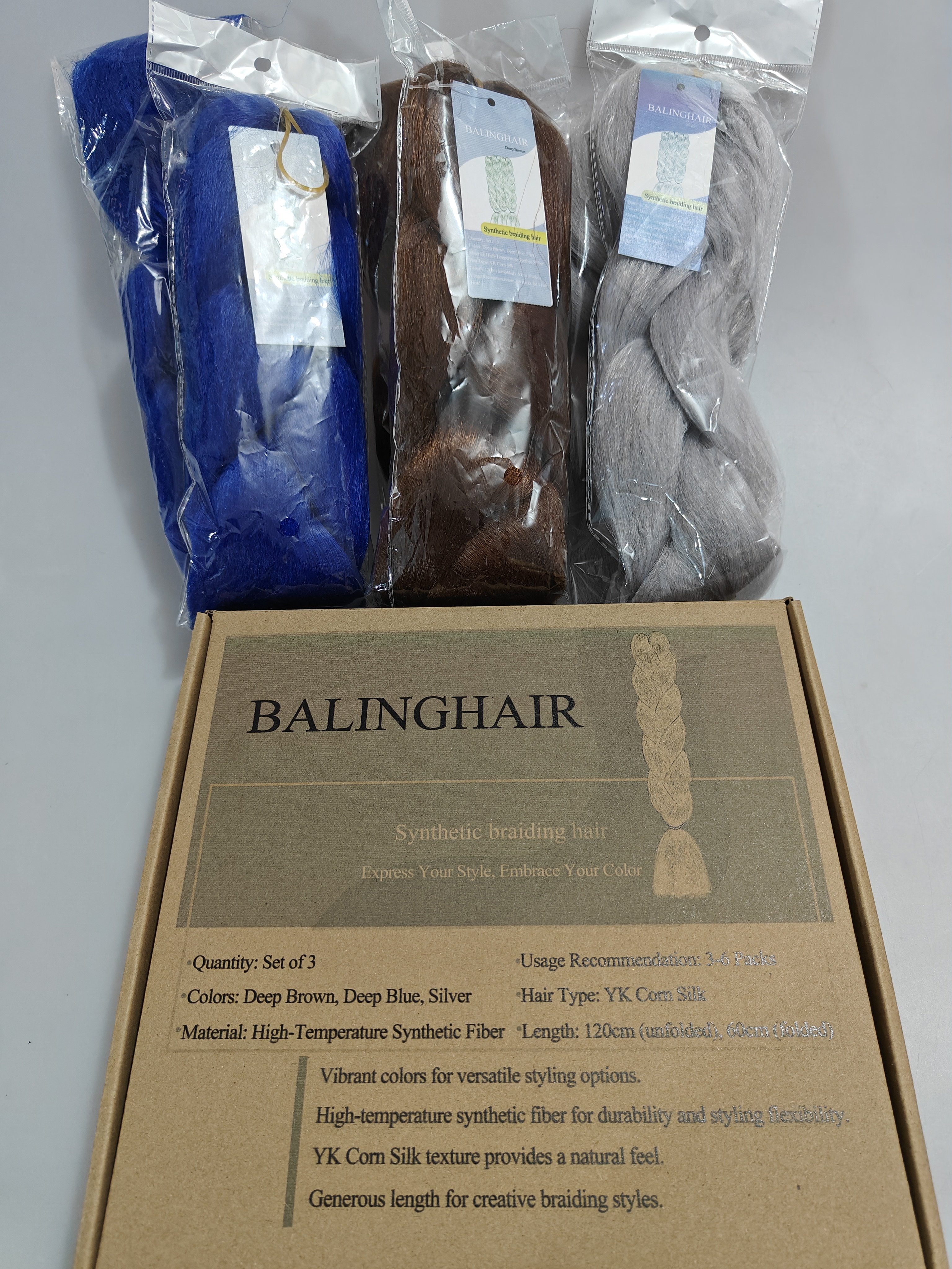BALINGHAIR Synthetic braiding hair - YK Com Silk Hair Deep Brown, Deep Blue, Silver, 120cm Length, Durable and Flexible Styling