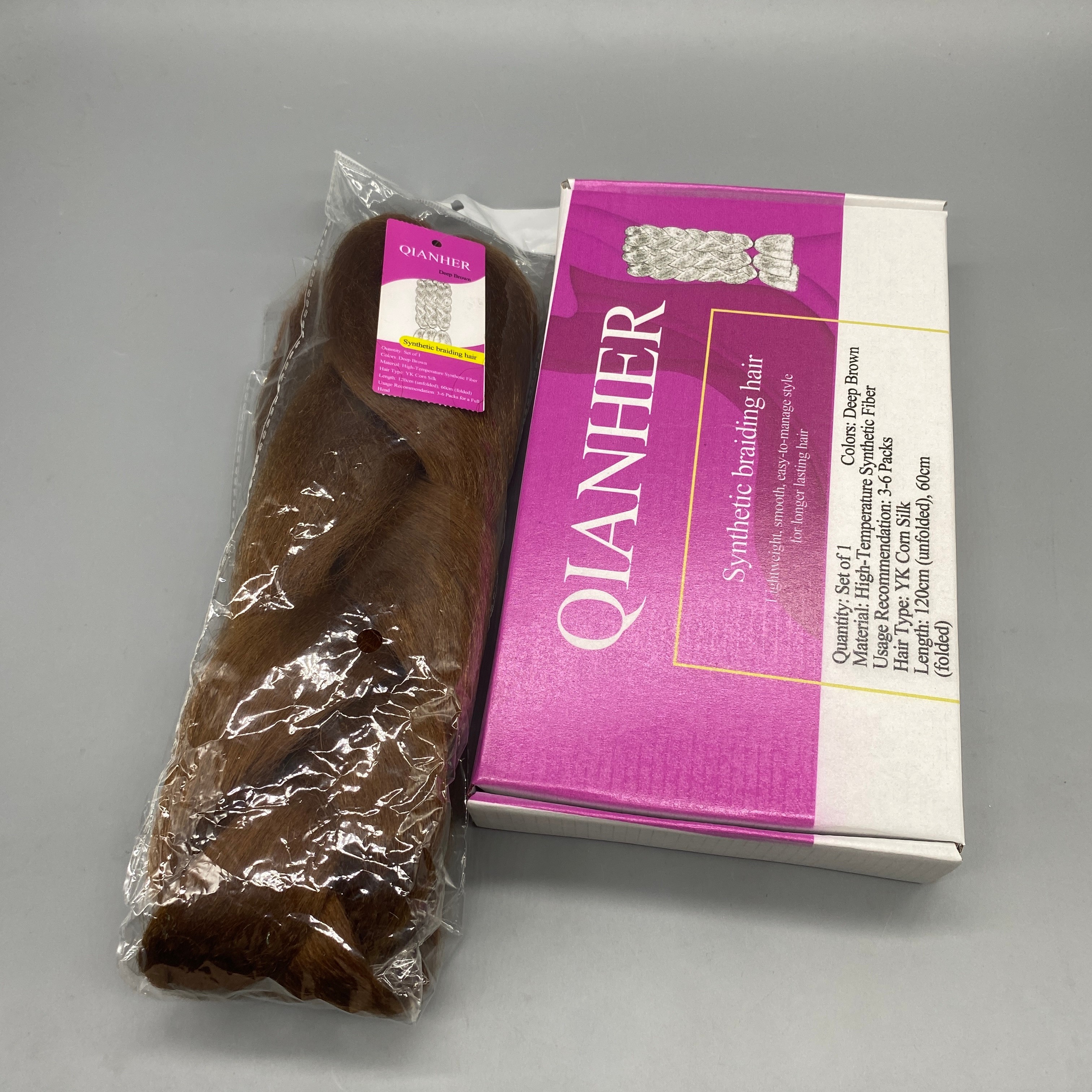 QIANHER Synthetic Braiding Hair, 1 Pack, Deep Brown Color, High-Temperature Fiber, YK Cornrow Style, 120cm (Unfolded), 60cm (Folded)