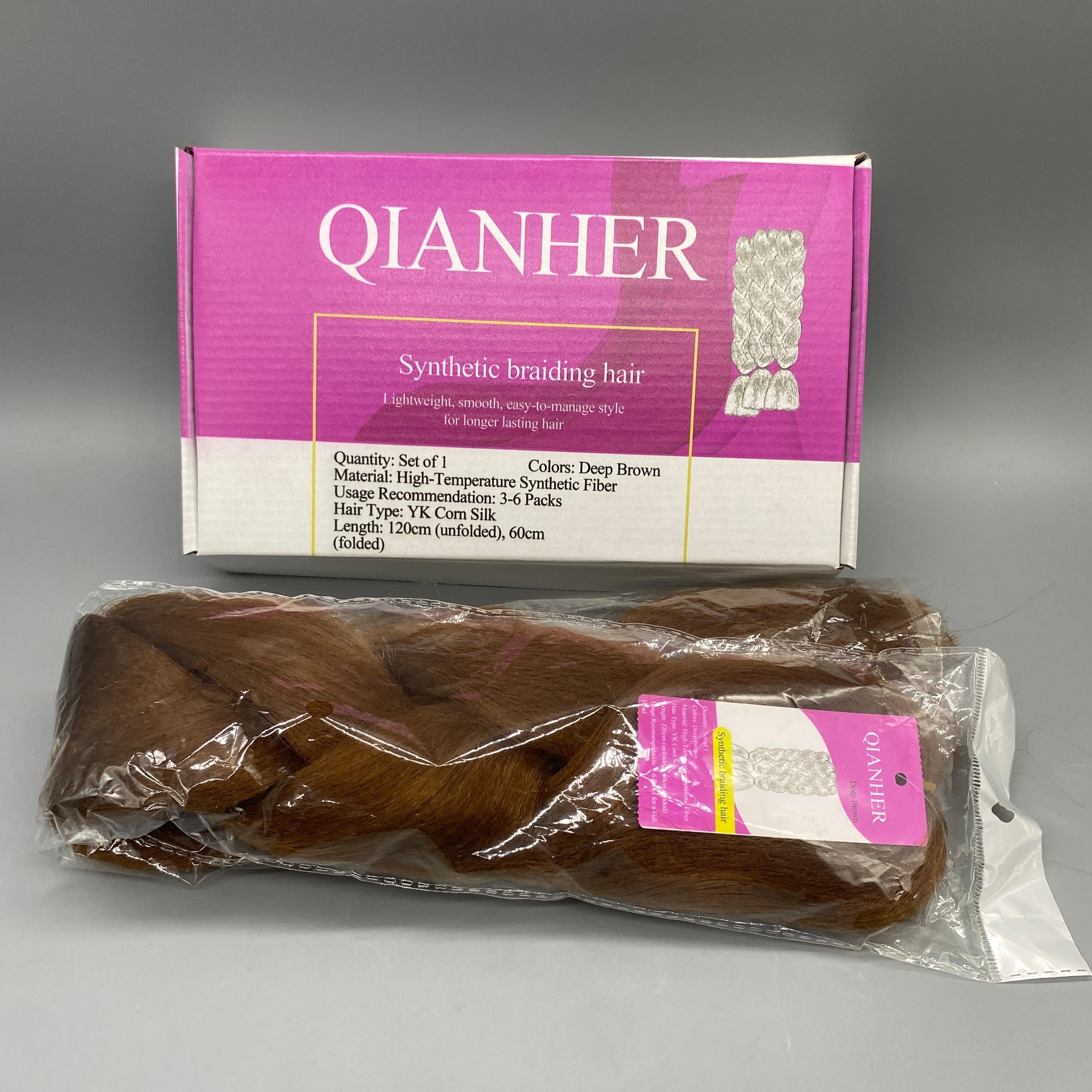 QIANHER Synthetic Braiding Hair, 1 Pack, Deep Brown Color, High-Temperature Fiber, YK Cornrow Style, 120cm (Unfolded), 60cm (Folded)