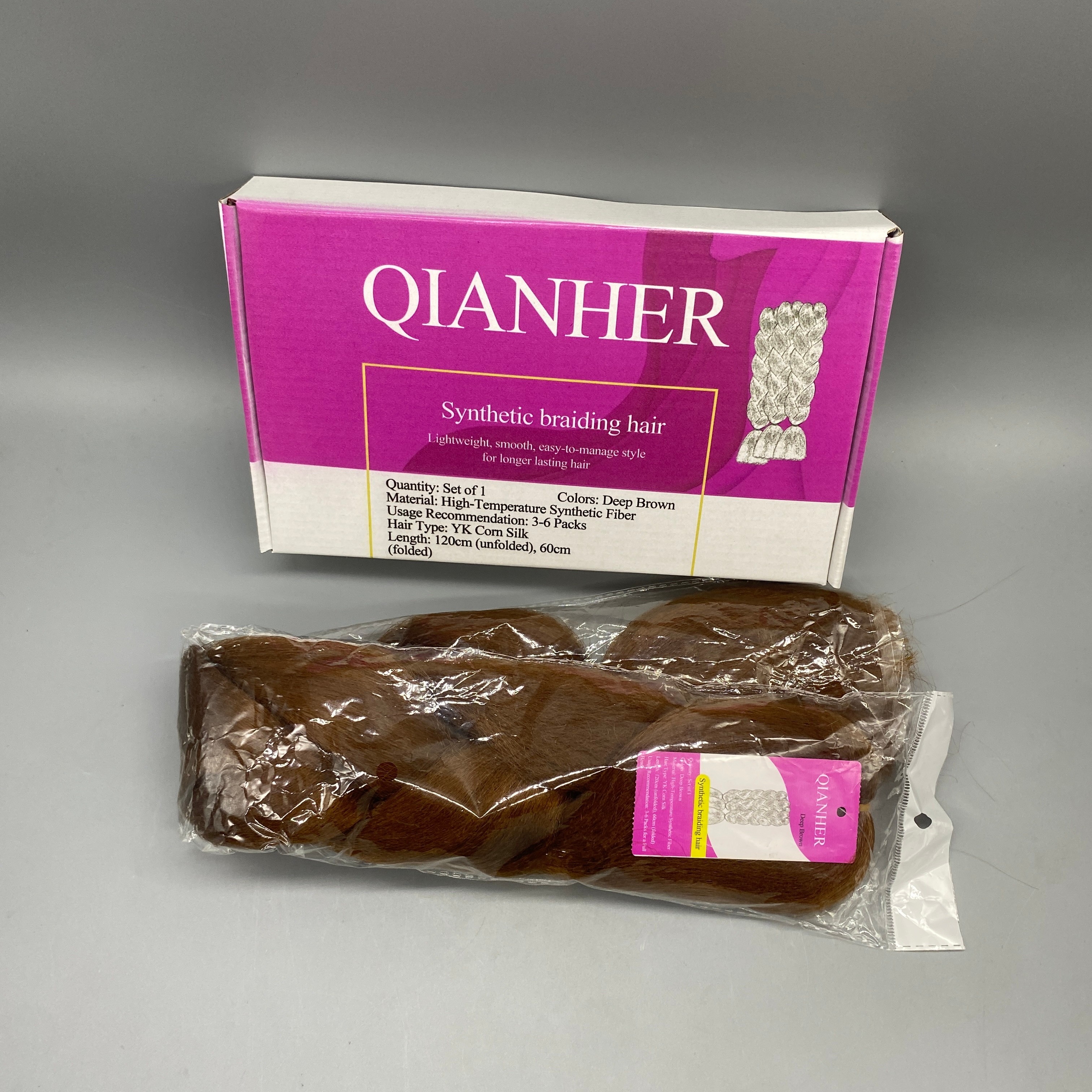 QIANHER Synthetic Braiding Hair, 1 Pack, Deep Brown Color, High-Temperature Fiber, YK Cornrow Style, 120cm (Unfolded), 60cm (Folded)