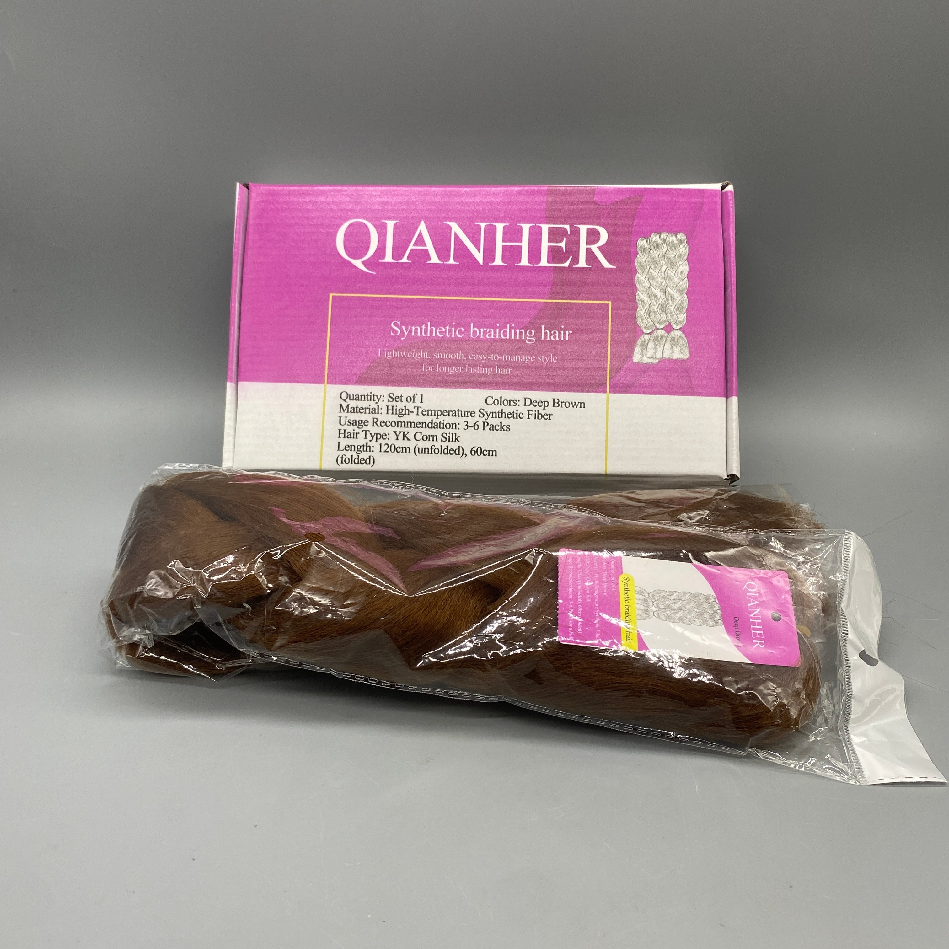 QIANHER Synthetic Braiding Hair, 1 Pack, Deep Brown Color, High-Temperature Fiber, YK Cornrow Style, 120cm (Unfolded), 60cm (Folded)