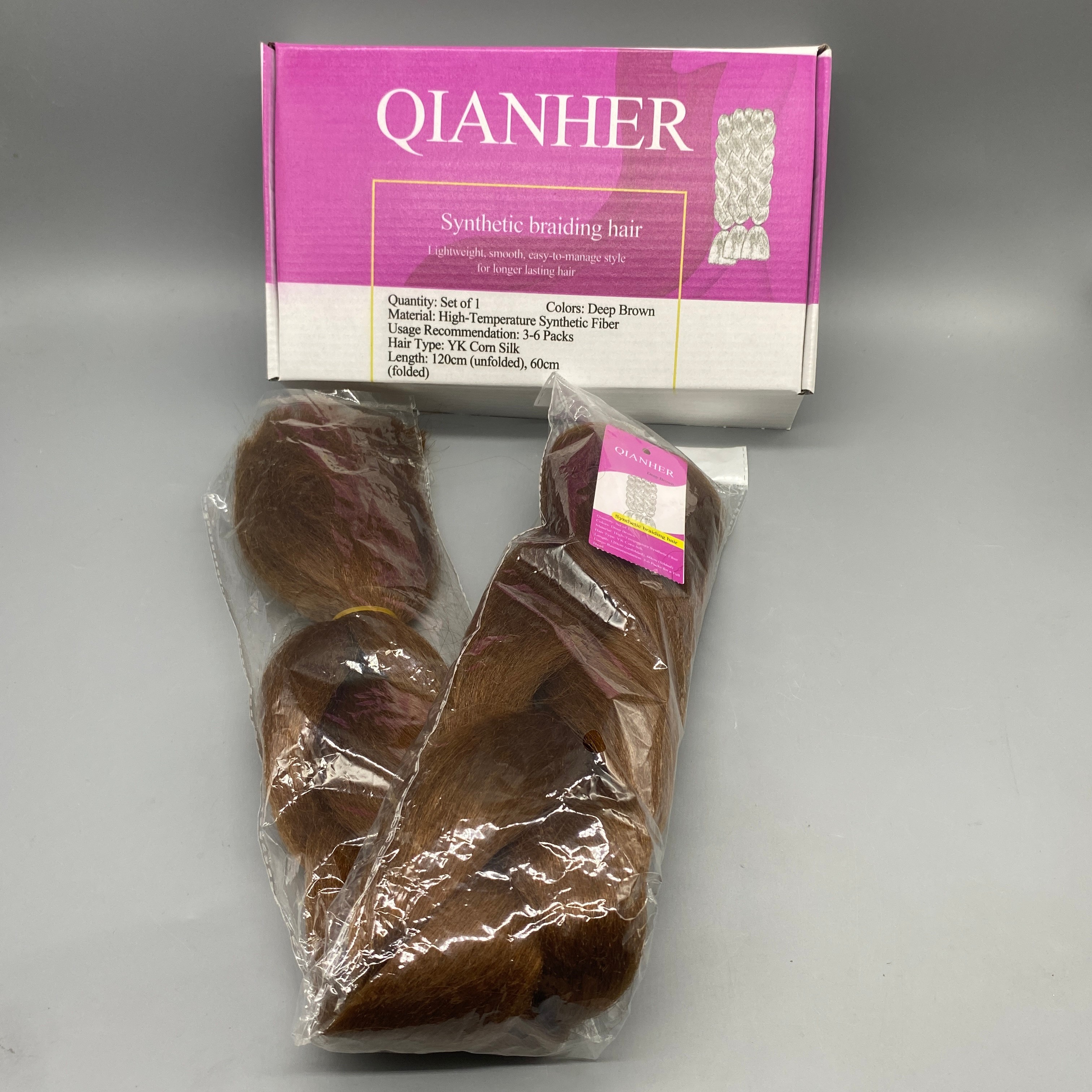 QIANHER Synthetic Braiding Hair, 1 Pack, Deep Brown Color, High-Temperature Fiber, YK Cornrow Style, 120cm (Unfolded), 60cm (Folded)