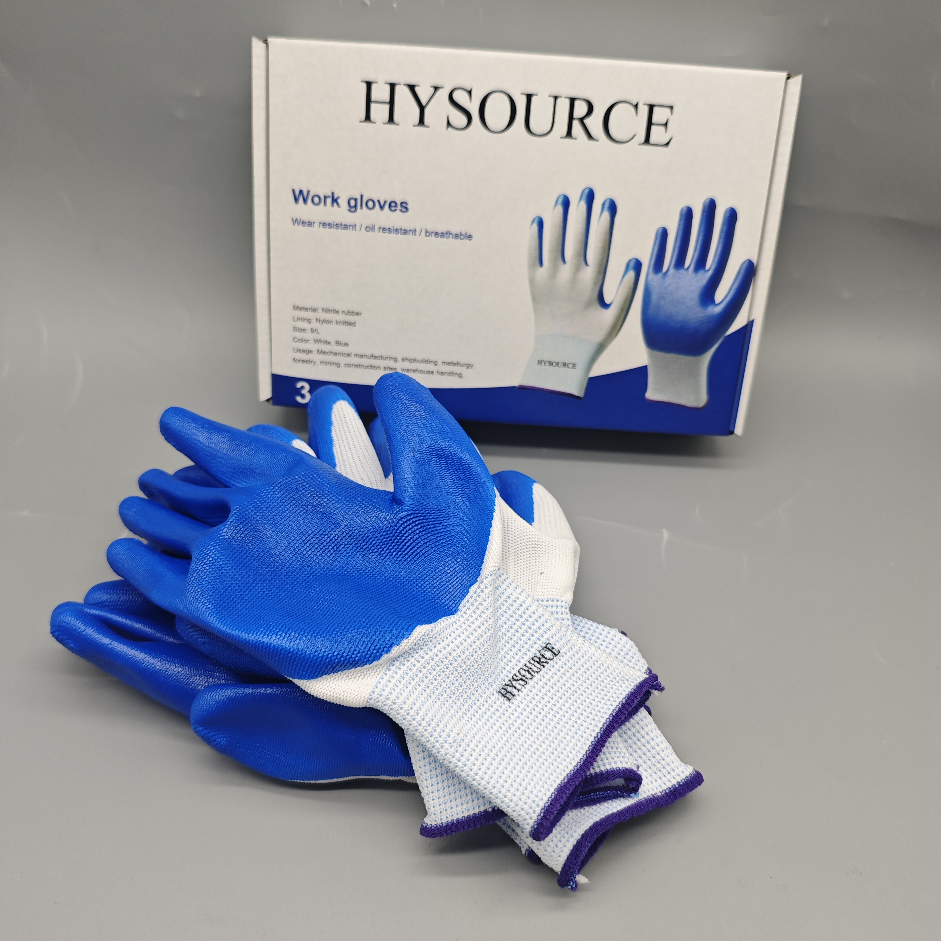 HYSOURCE Work Gloves Nylon Knit Liner White Blue Size 9/L for Mechanical Shipbuilding Mining Forestry Construction 3 Pairs