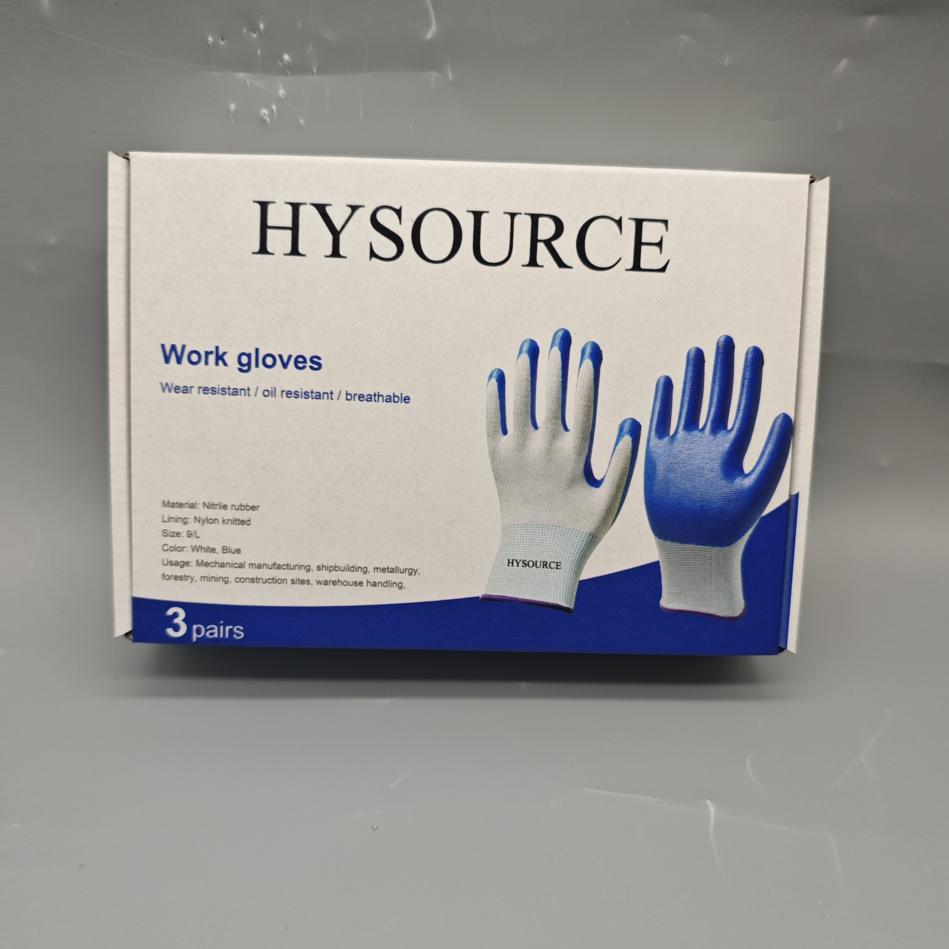 HYSOURCE Work Gloves Nylon Knit Liner White Blue Size 9/L for Mechanical Shipbuilding Mining Forestry Construction 3 Pairs
