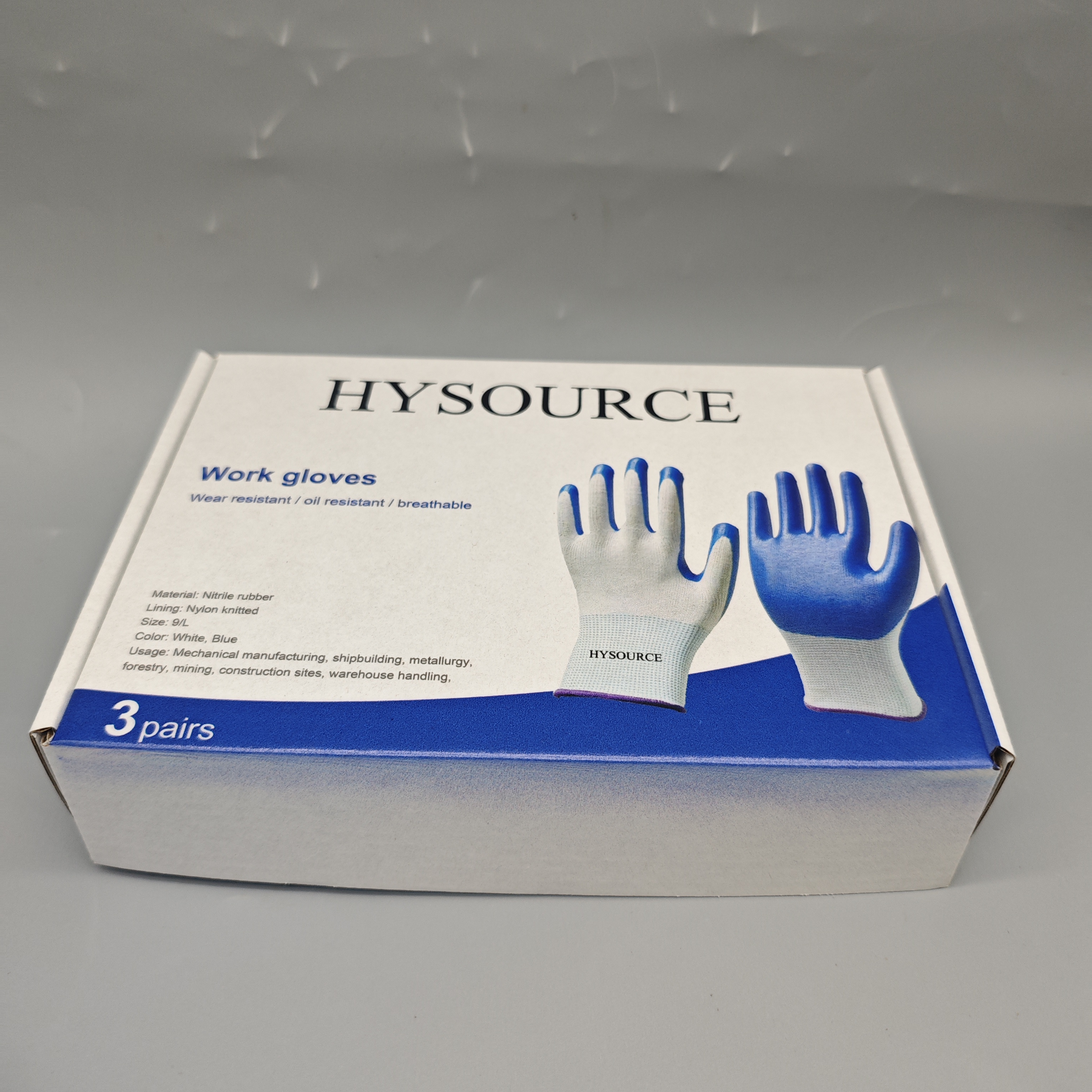HYSOURCE Work Gloves Nylon Knit Liner White Blue Size 9/L for Mechanical Shipbuilding Mining Forestry Construction 3 Pairs