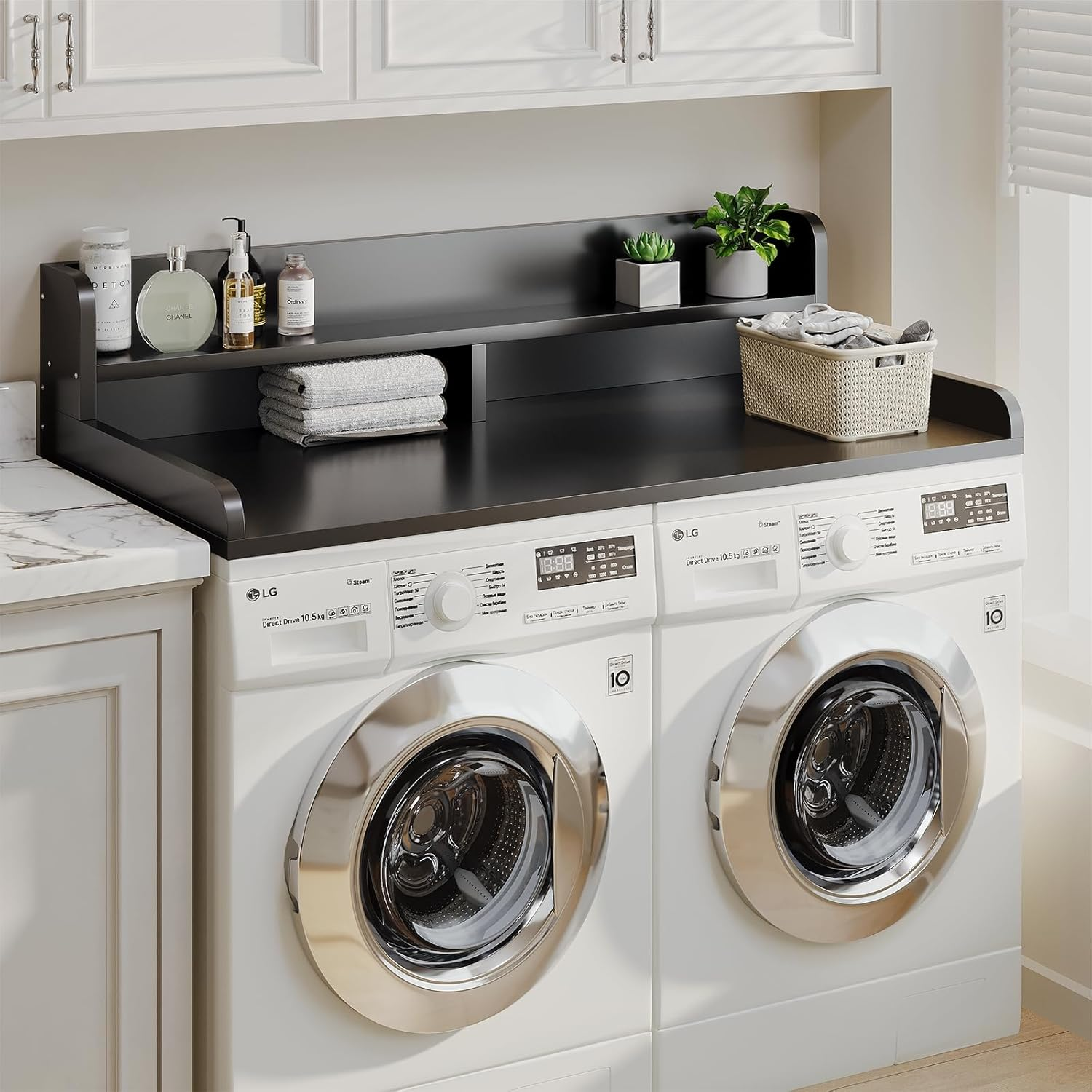 2-Tier Washer And Dryer Countertop With 2.75"H Guard,54"W x 27.5"D Laundry Countertop Cover With Non-Slip Pad,Large Space Laundry Topper For Folding Clothes Over Washer And Dryer