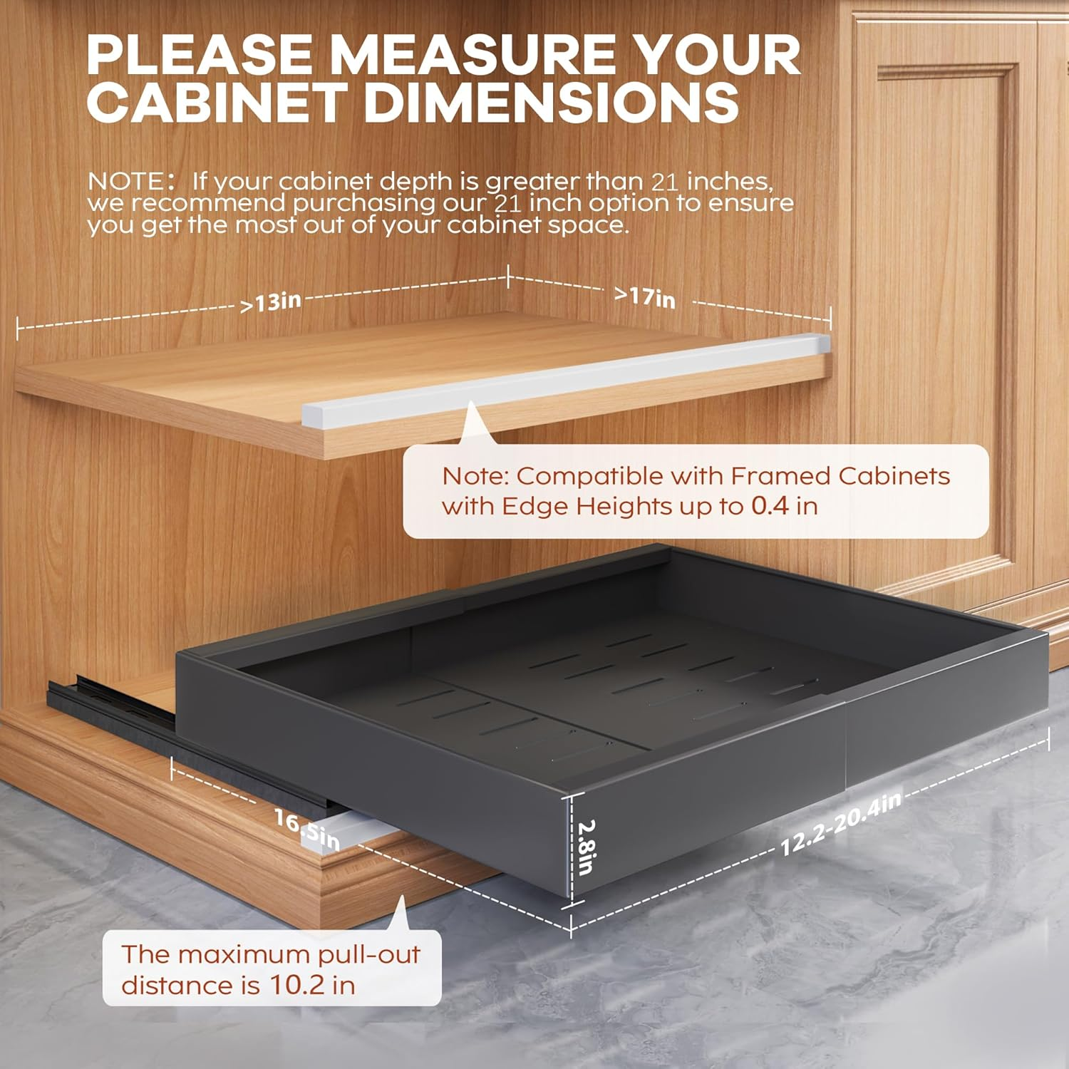 2 Pack Expandable Pull Out Cabinet Organizer 16.5"Deep With Raising Pad for Framed Cabinets,Upgrade 3 Slide Rails Slide Out Drawers,Roll Out Shelves Adhesive,Adjustable Width 12.2"-20.4"Black