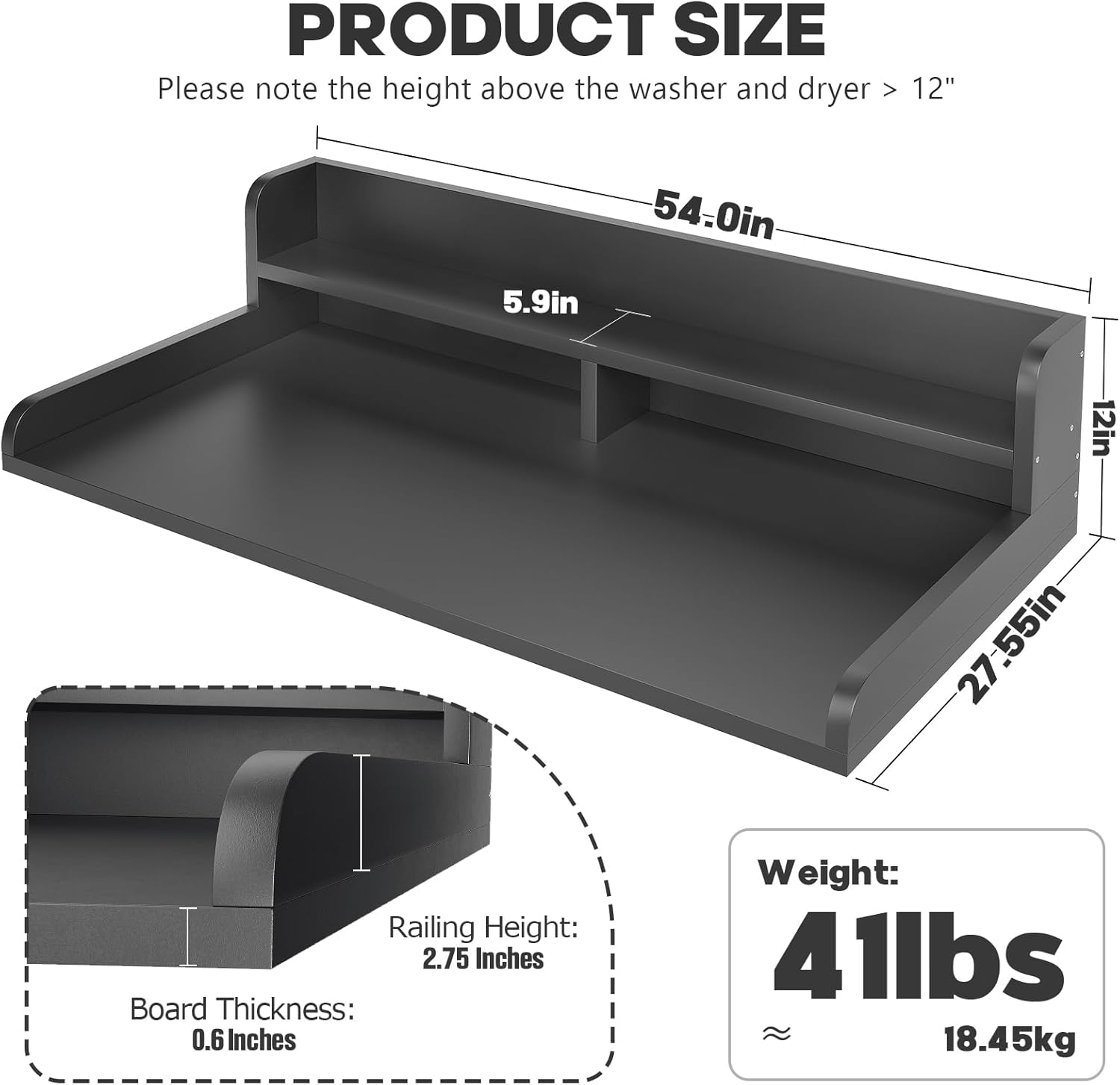 2-Tier Washer And Dryer Countertop With 2.75"H Guard,54"W x 27.5"D Laundry Countertop Cover With Non-Slip Pad,Large Space Laundry Topper For Folding Clothes Over Washer And Dryer