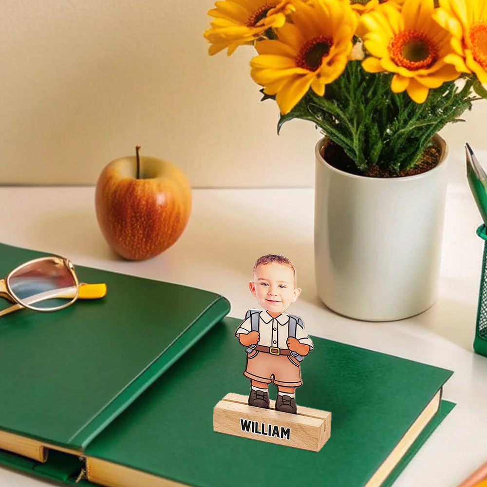 Personalised School Uniform Character Face Photo Acrylic Plaque with Wooden Base and Name Home Decor Birthday Children's Day Gift for Boys Girls
