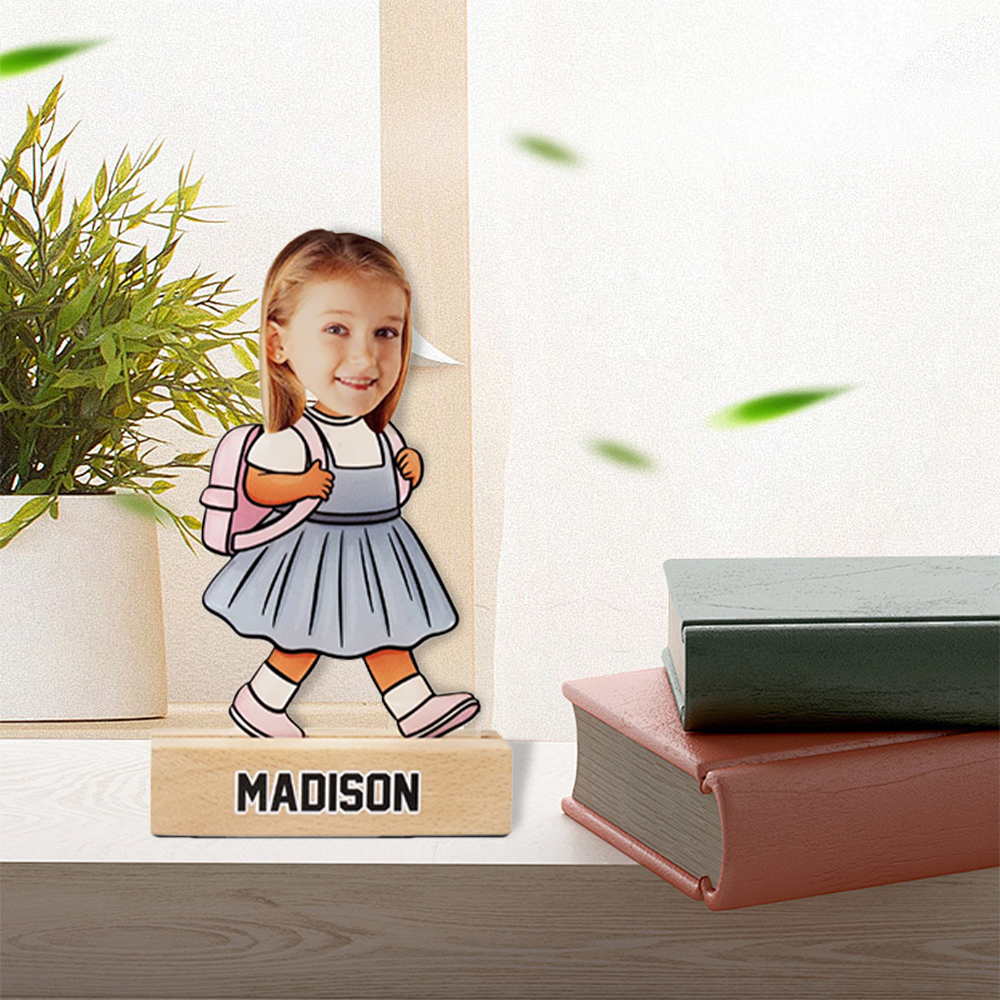 Personalised School Uniform Character Face Photo Acrylic Plaque with Wooden Base and Name Home Decor Birthday Children's Day Gift for Boys Girls