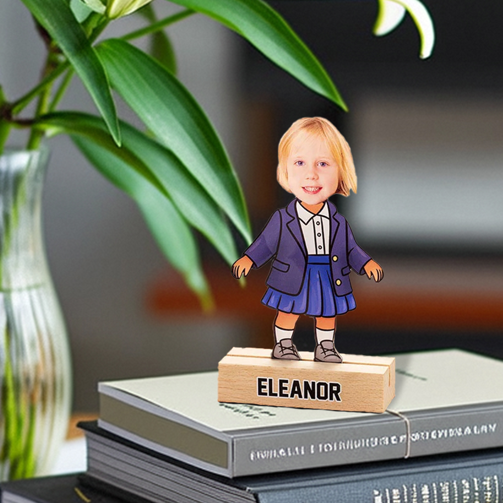 Personalised School Uniform Character Face Photo Acrylic Plaque with Wooden Base and Name Home Decor Birthday Children's Day Gift for Boys Girls