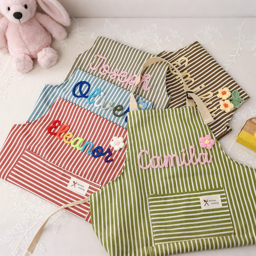 Personalize Crochet Embroidered Cooking Apron for Kids & Adult with name, perfect for cooking, gardening, painting, crafting 