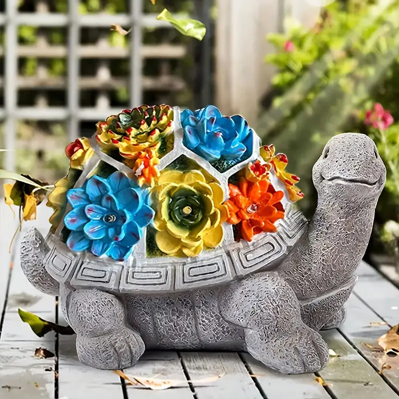 solar powered turtle figurine with led lights and vibrant succulents resin statue garden and patio decorative animal sculpture with nickel battery for outdoor lighting details 0