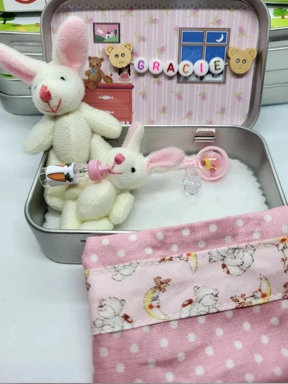 Custom Bunny Mummy Tiny Plush Pocket Tin with Name, Pocket Teddy Bear in Tin, Role Play Toy, Anxiety Easter Gift for Kids 