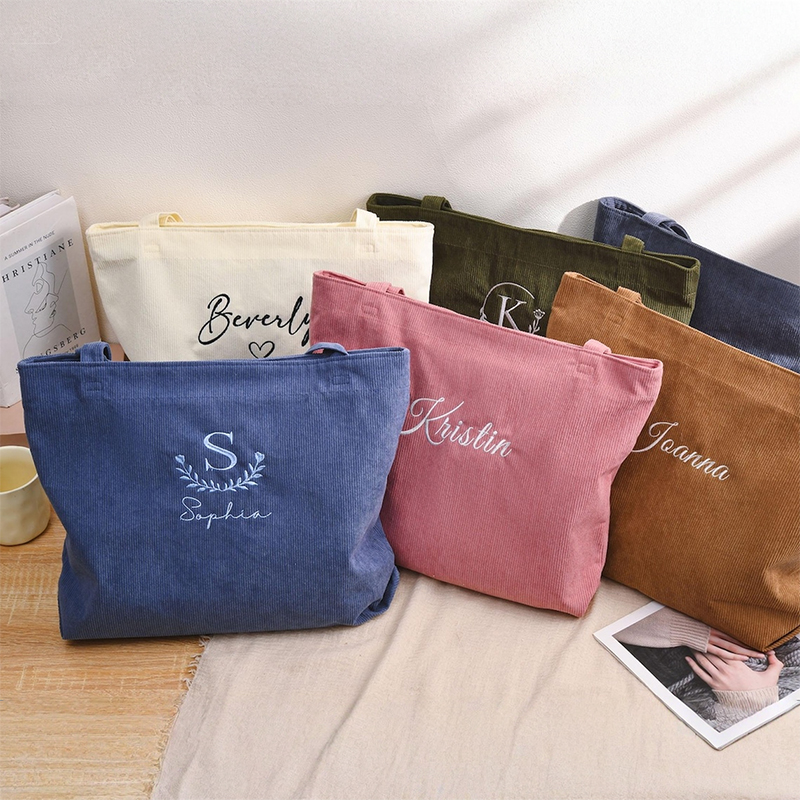 Personalized Bridesmaid gift bag, Bridesmaid Tote bag, Corduroy Tote Bag, Tote Bag with Zipper, Name Bag, Monogram Bag, Wedding Party Gifts