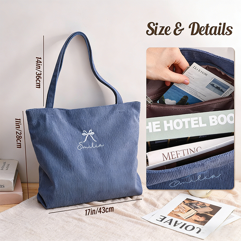 Personalized Bridesmaid gift bag, Bridesmaid Tote bag, Corduroy Tote Bag, Tote Bag with Zipper, Name Bag, Monogram Bag, Wedding Party Gifts