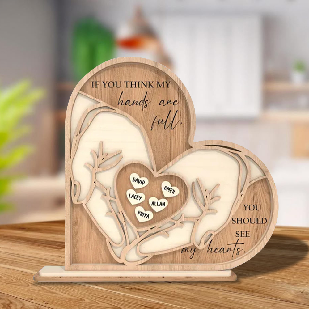 Custom Mothers Day Standing Wooden Heart Hands With Kid Names