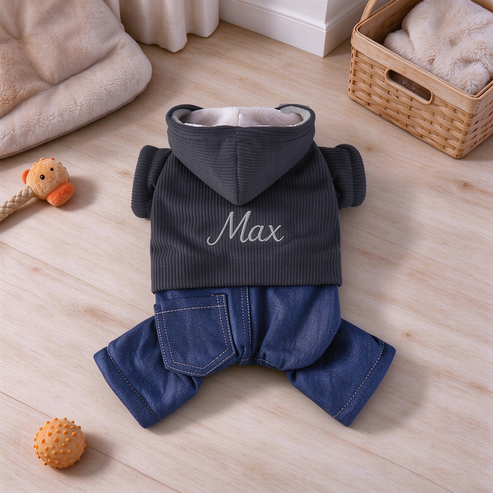 Personalized Embroidered Dog Corduroy Hooded Jumpsuit 