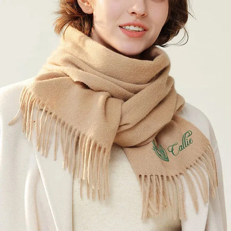 Personalized Super Soft Warm Scarf with Embroidered Birth Flower and Text Fashion Accessory Birthday Christmas Gift for Couple Family